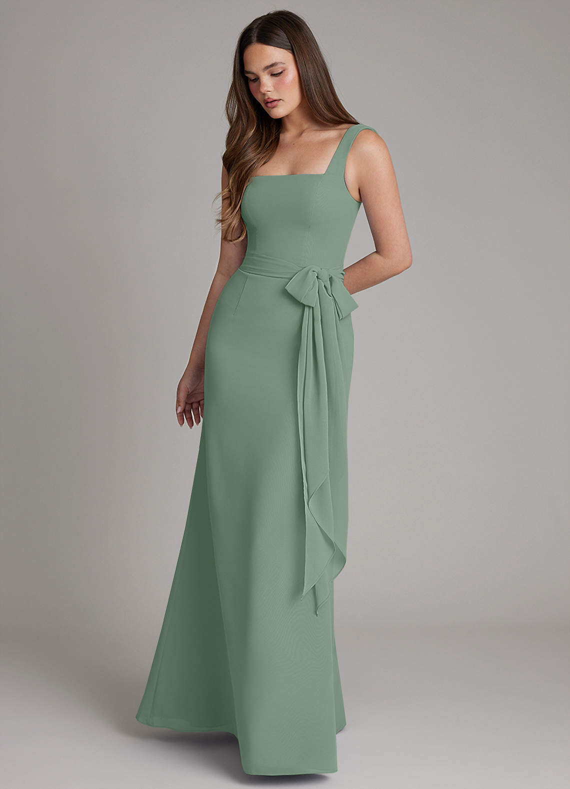 silver sage green dress Azazie Katya Professional work dresses