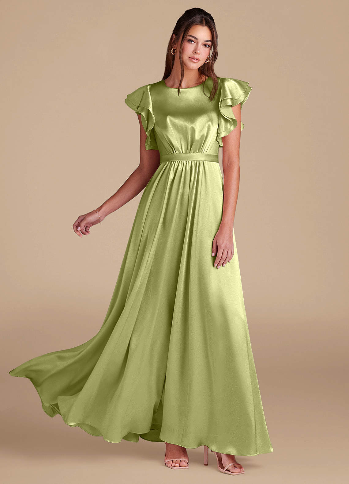 Azazie Daphne Bescheidene Brautjungfernkleider A-Linie Gestreift Metallic Satin Bodenlänge Kleid image1