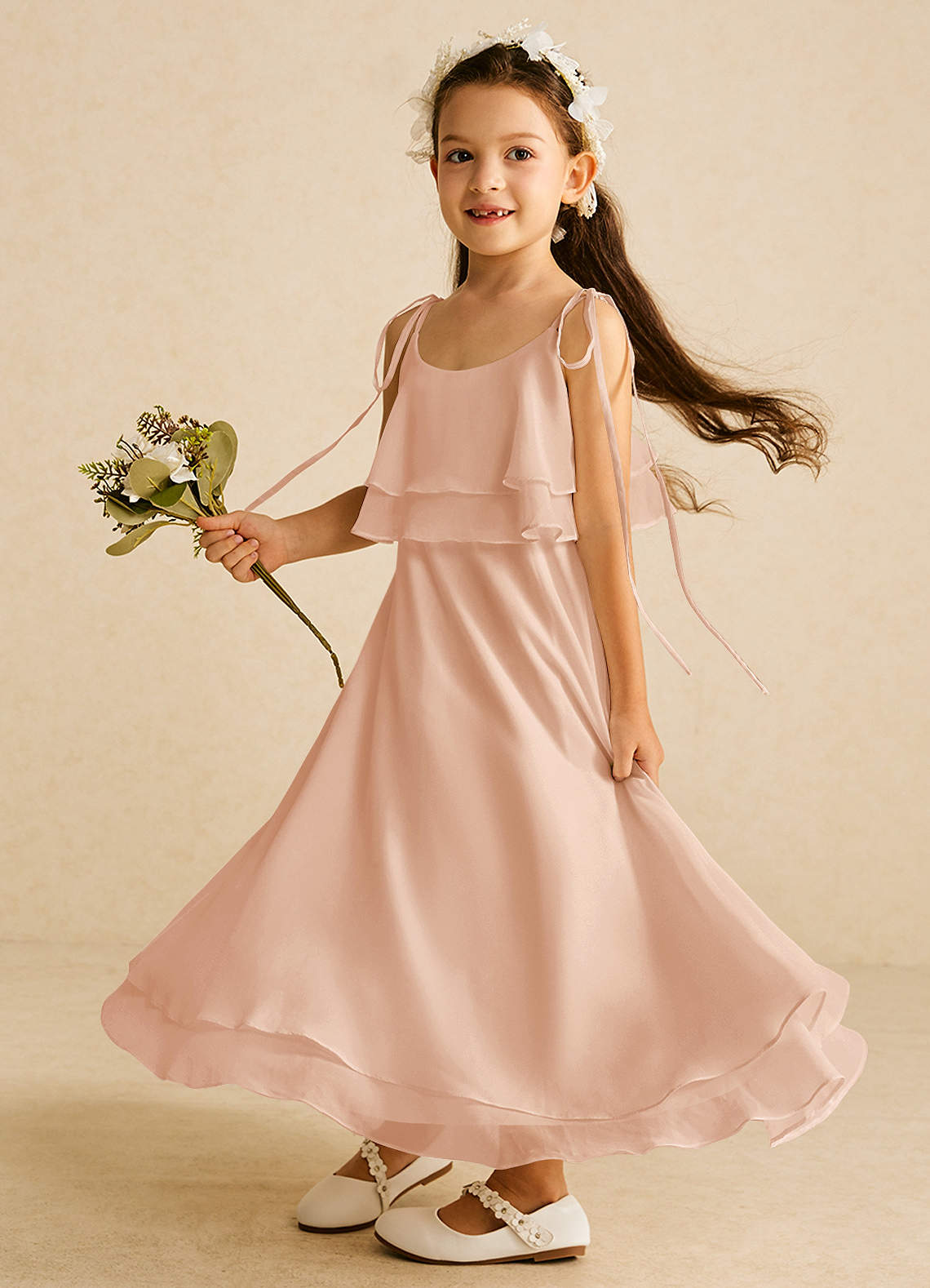 Azazie Temi Abiti da Ragazza di Fiori Abito A-Line in Chiffon Cinturino Spaghetti Rosa Inglese image1