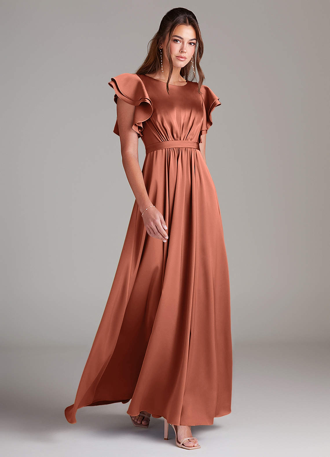 Azazie Daphne Modest Bridesmaid Dresses A-Line Ruched Stretch Satin Floor-Length Dress image2