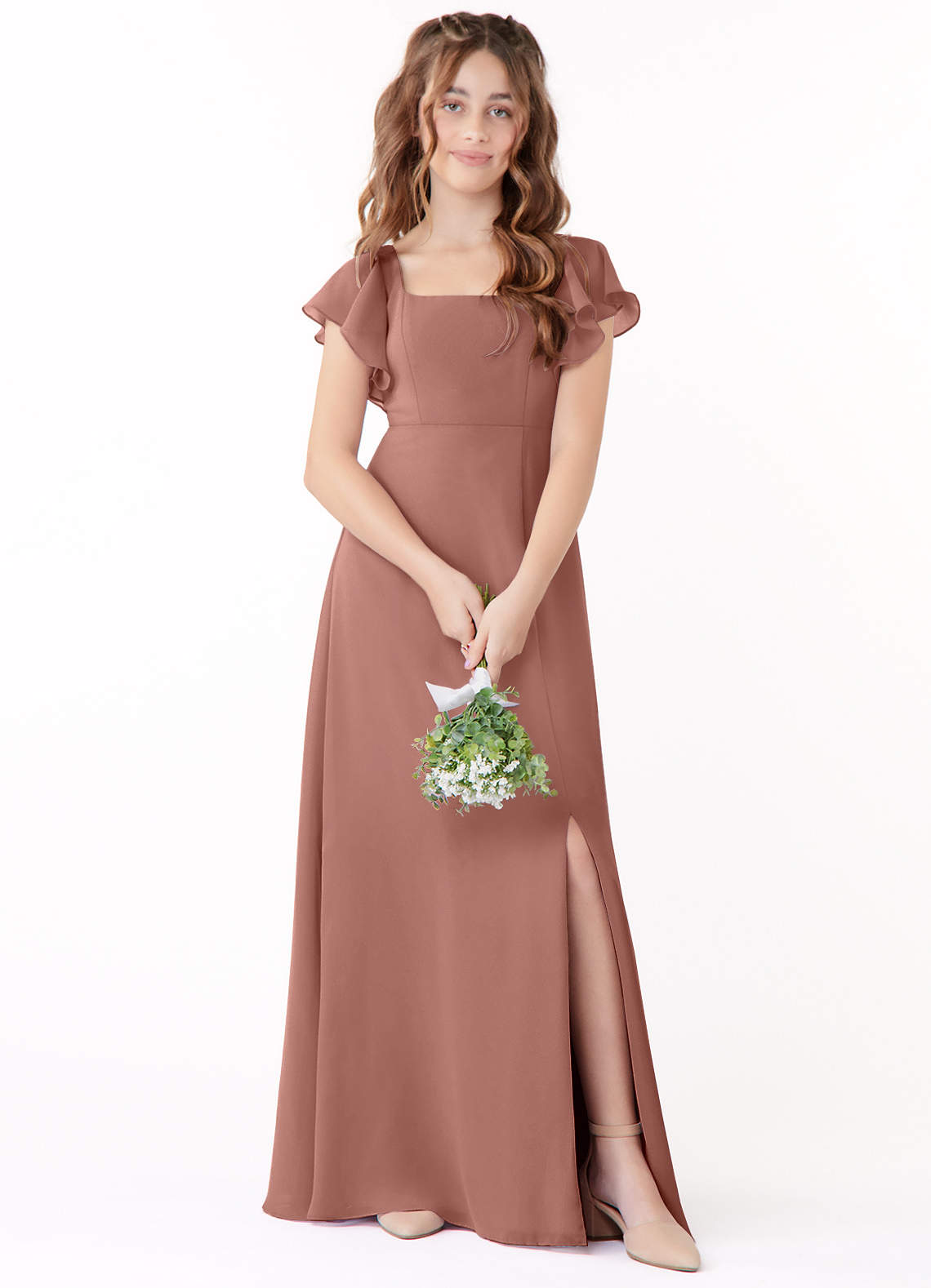 Azazie Bondi Junior Vestido de Rosa De Cedro de Gasa de Corte En A con Lazo image1