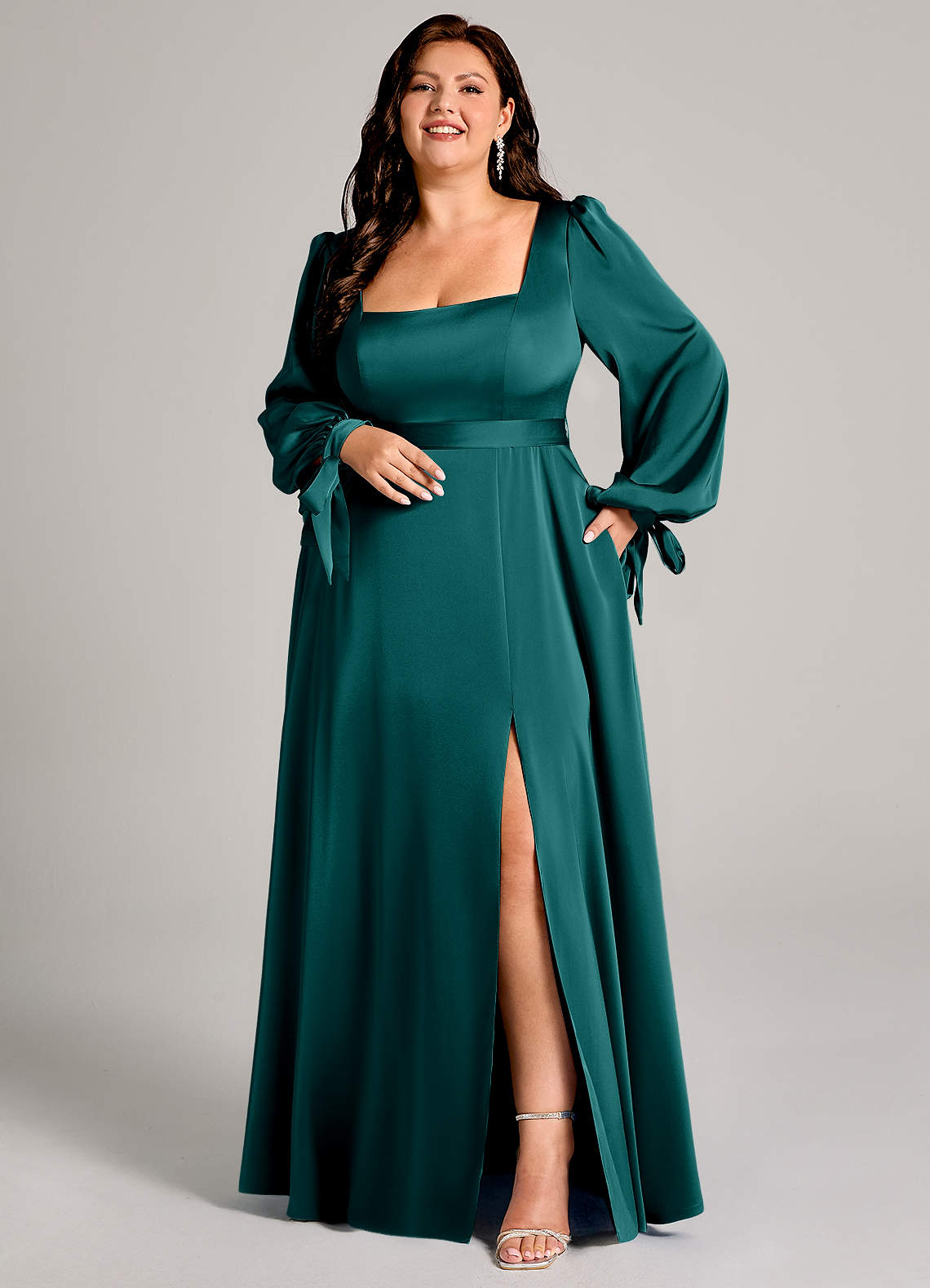 Azazie Leonia Bridesmaid Dresses Peacock A-Line Long Sleeve Stretch Satin Dress image1