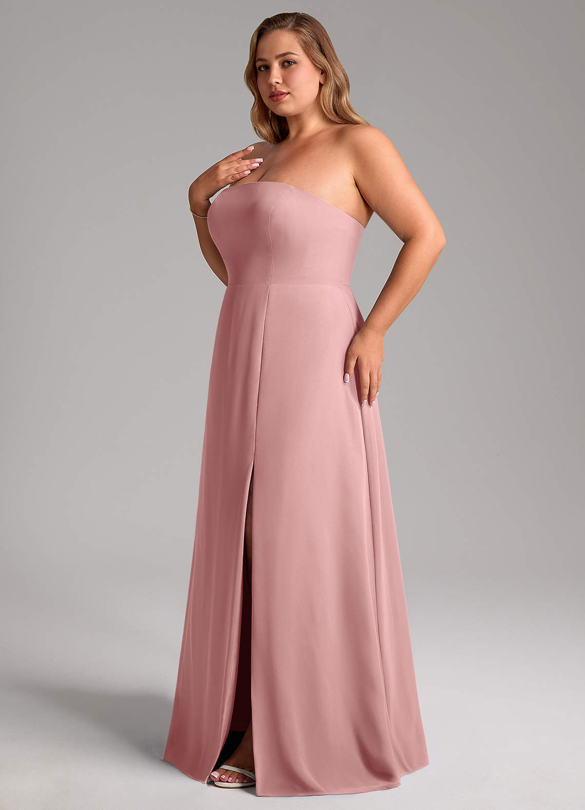 Azazie Wren Abiti da Damigella Abito Convertibile A-Line in Chiffon Spacco Laterale Rosa Polverosa image11