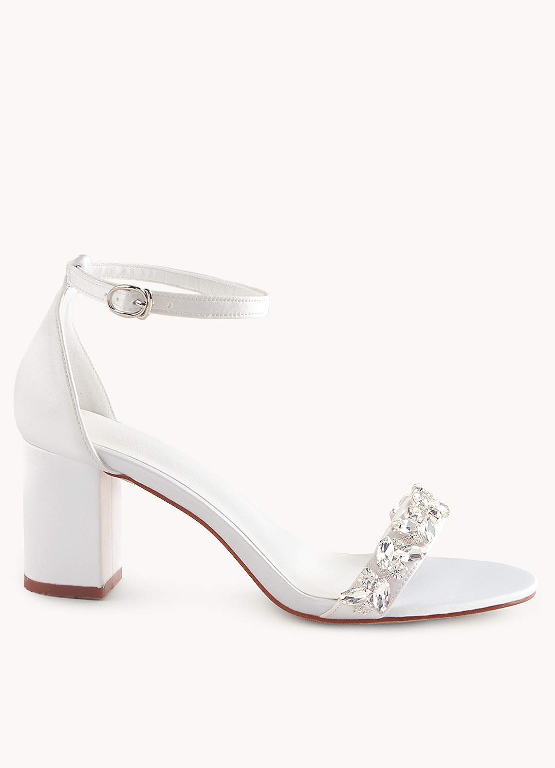 White Crystal Strap Satin Block Heel Sandals Azazie 5808