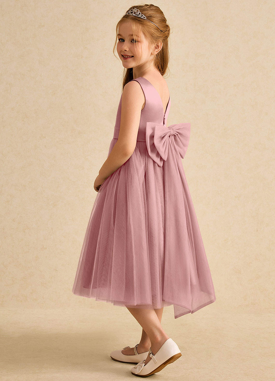 Azazie Winnie Flower Girl Dresses Dusty Rose Ball-Gown Bow Tulle Dress image4