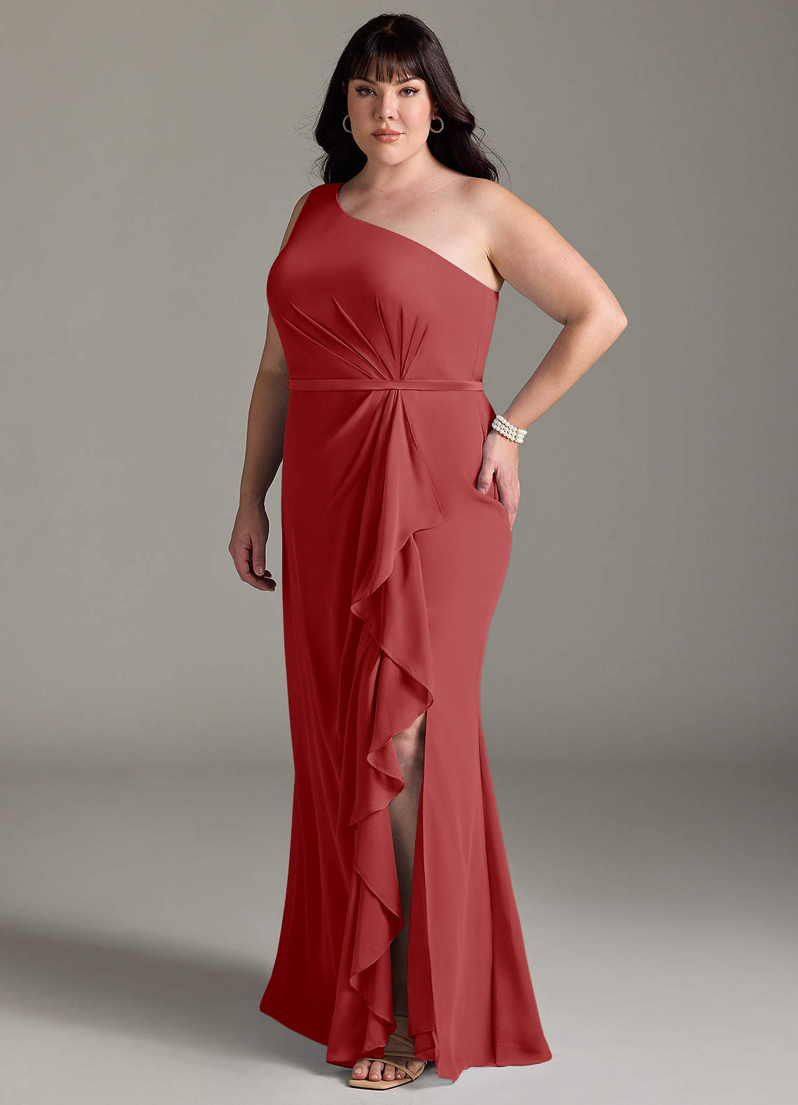 Azazie Liza Essayer des robes à la maison Robe Sirène en Mousseline de soie Une épaule Agave image7