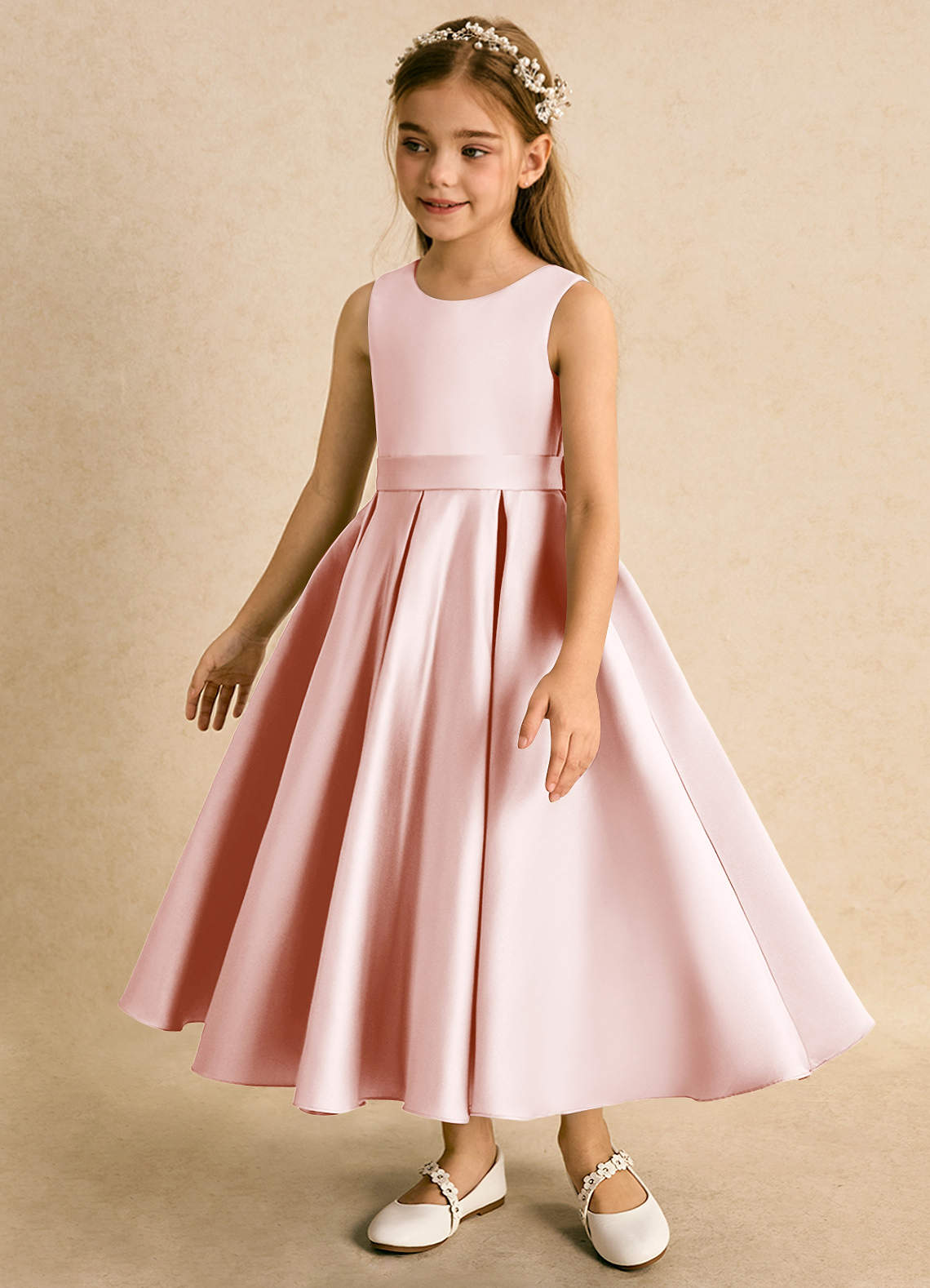 Azazie Junebuj vestidos de niña de las flores Vestido de Rosa Rubor de Satin Mate de Princesa con Plisado image2