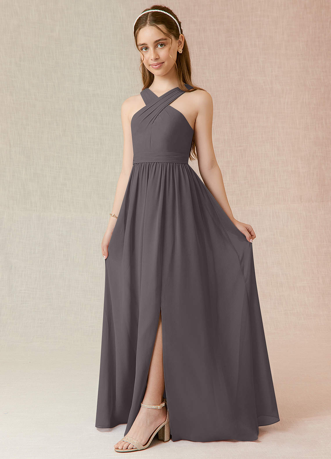 Azazie Jiya Junior Steel Grey A-Line Pleated Chiffon Dress image1