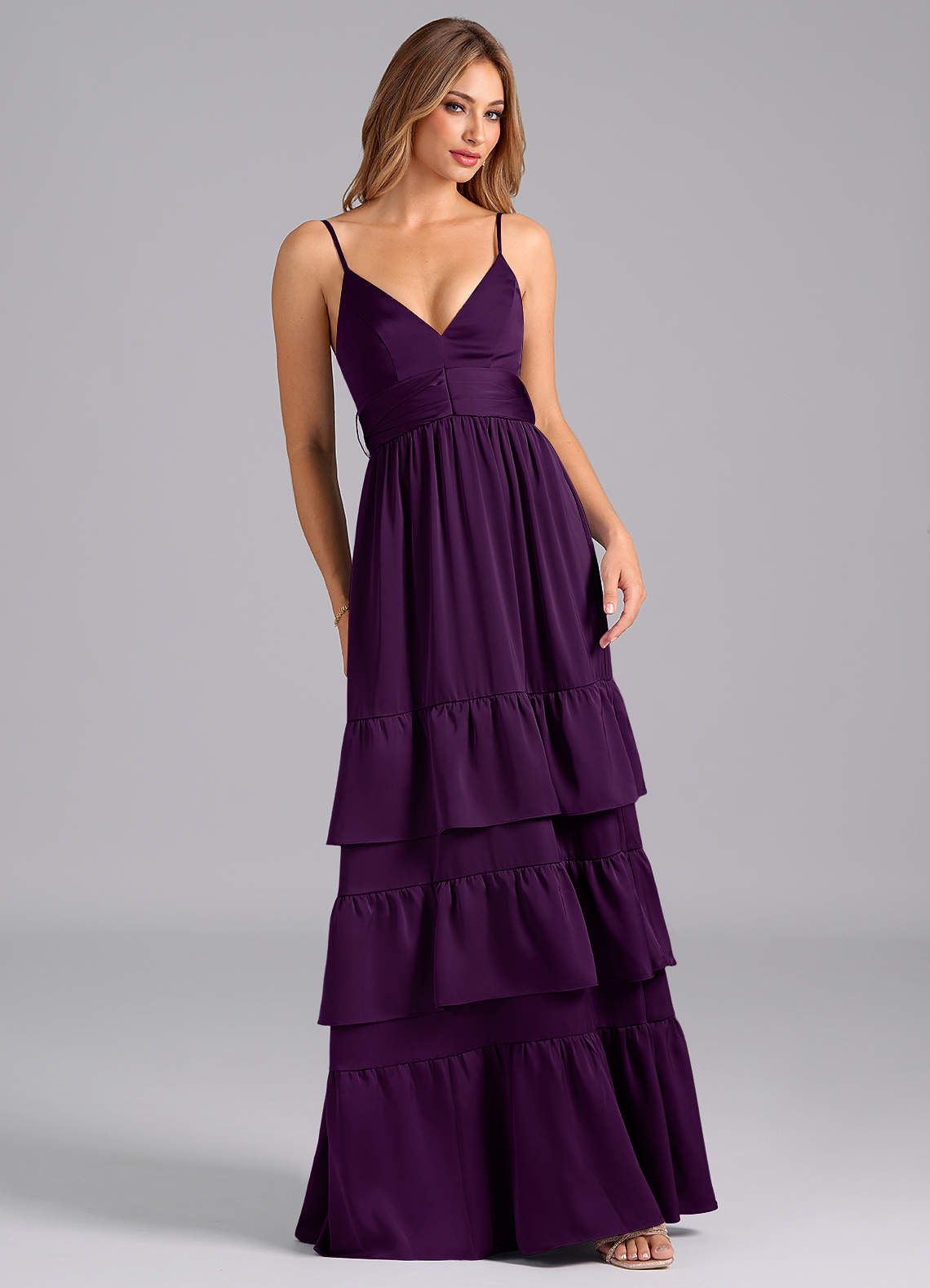 Azazie Nathalia Bridesmaid Dresses Grape A-Line Pleated Stretch Satin Dress image1