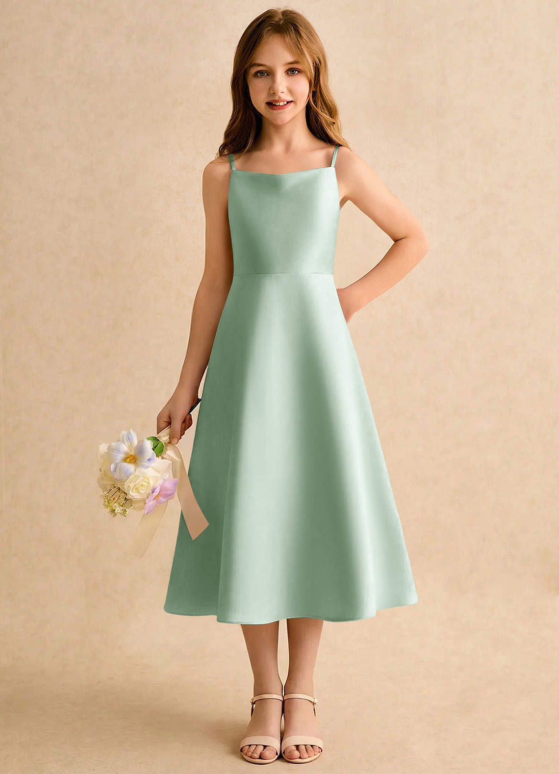 Azazie Jaella Girls Formal Blomsterpigekjoler A-Line Plisseret Mat satin Te-længde Kjole image4