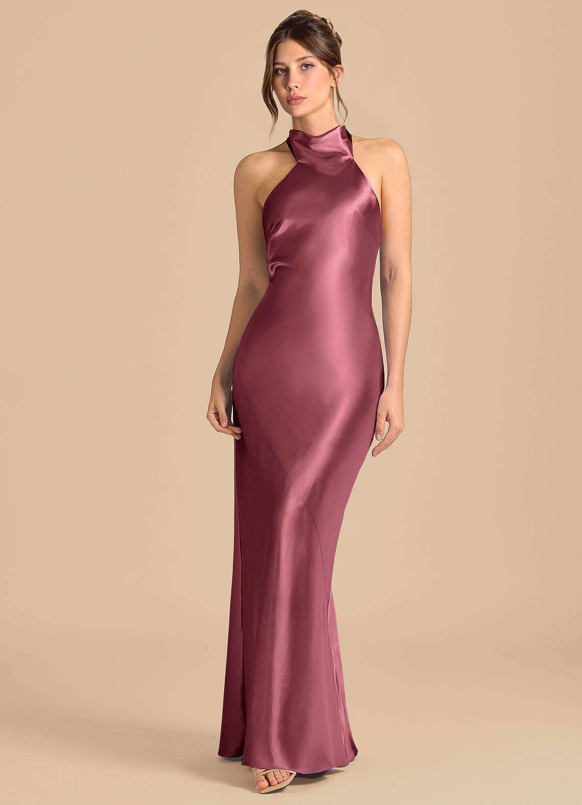 Azazie Velli Brudtärnklänningar Klä av Tubklänning i Metallisk satin Hög hals Desert Rose image3
