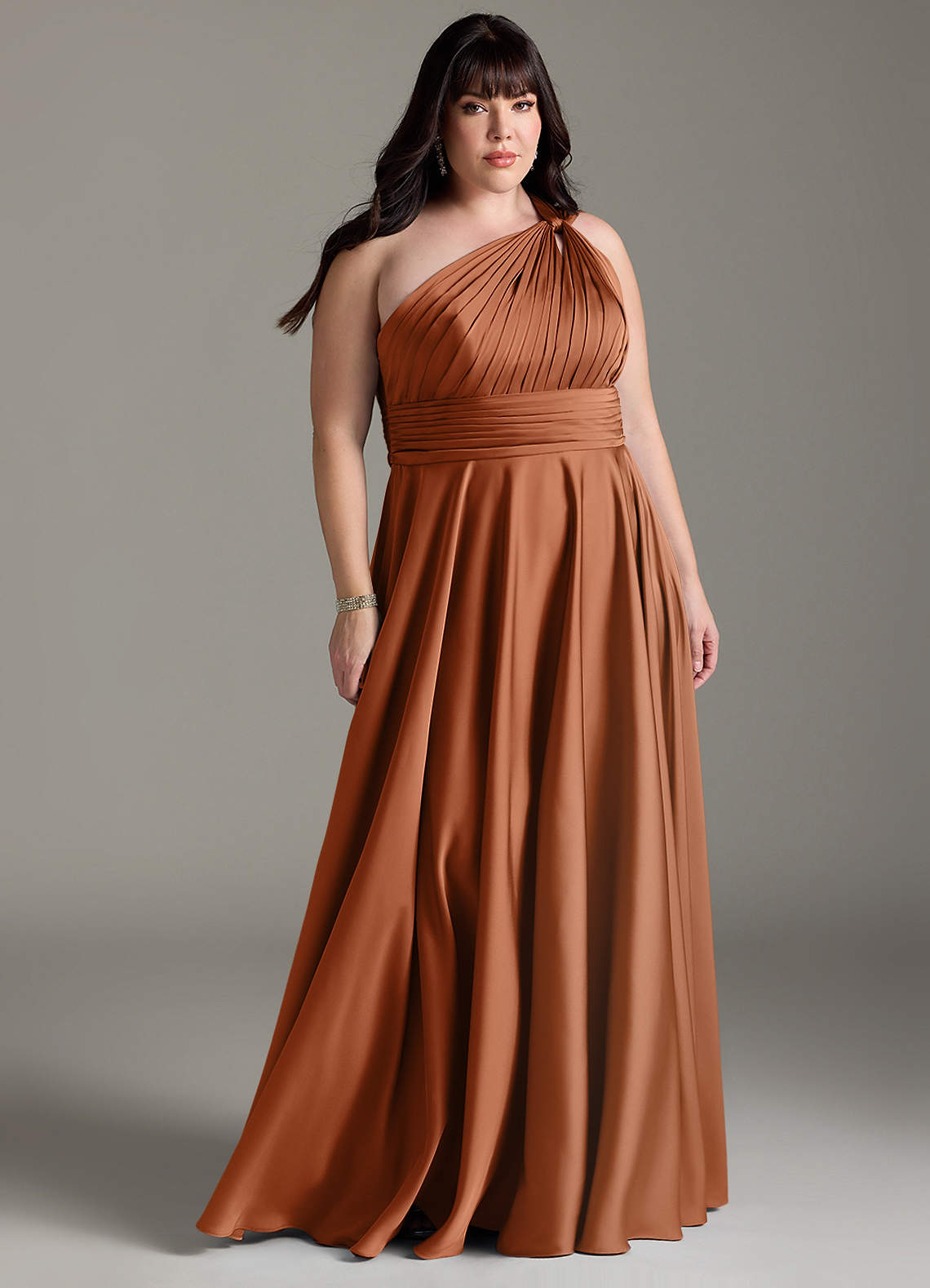 Azazie Charlize Bridesmaid Dresses Copper A-Line One Shoulder Stretch Satin Dress image1