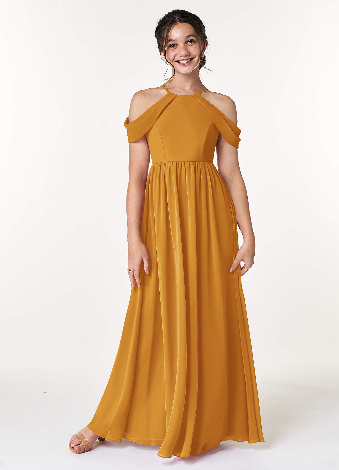 Azazie Seneca Junior Butterscotch A-Line Off the Shoulder Chiffon Dress image1