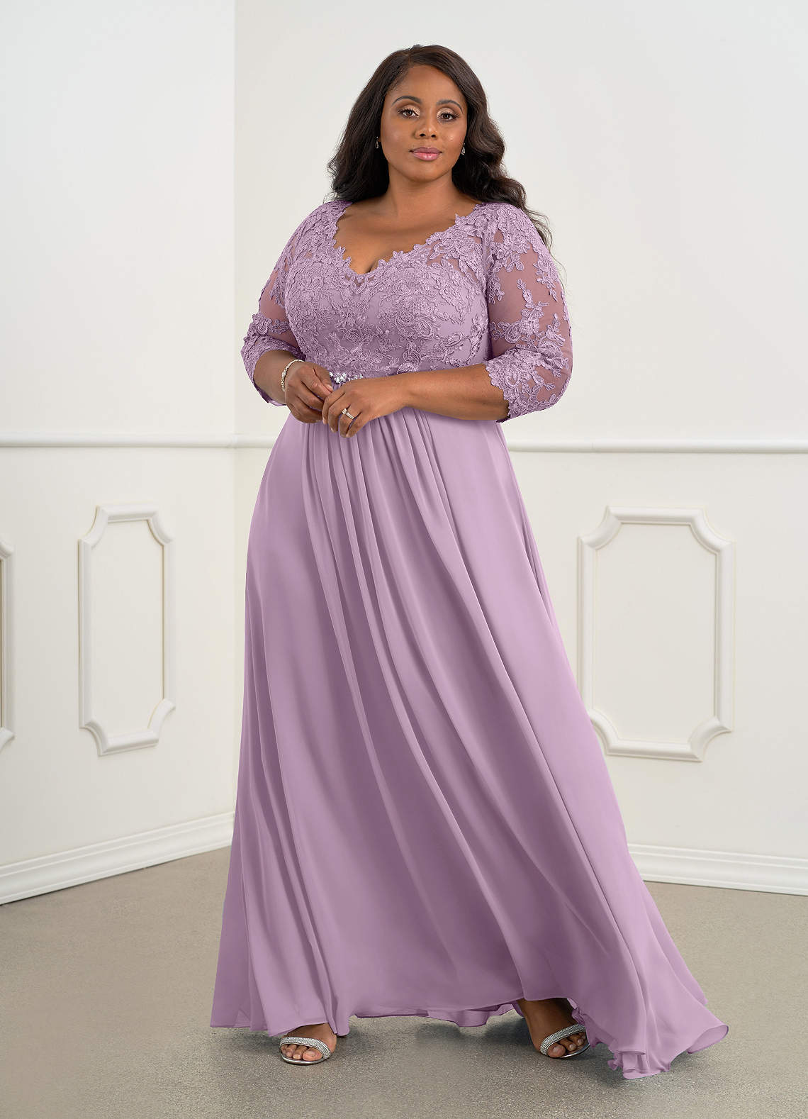 Azazie Hayek Mother of the Bride Dresses Wisteria A-Line V-Neck Lace Chiffon Dress image1