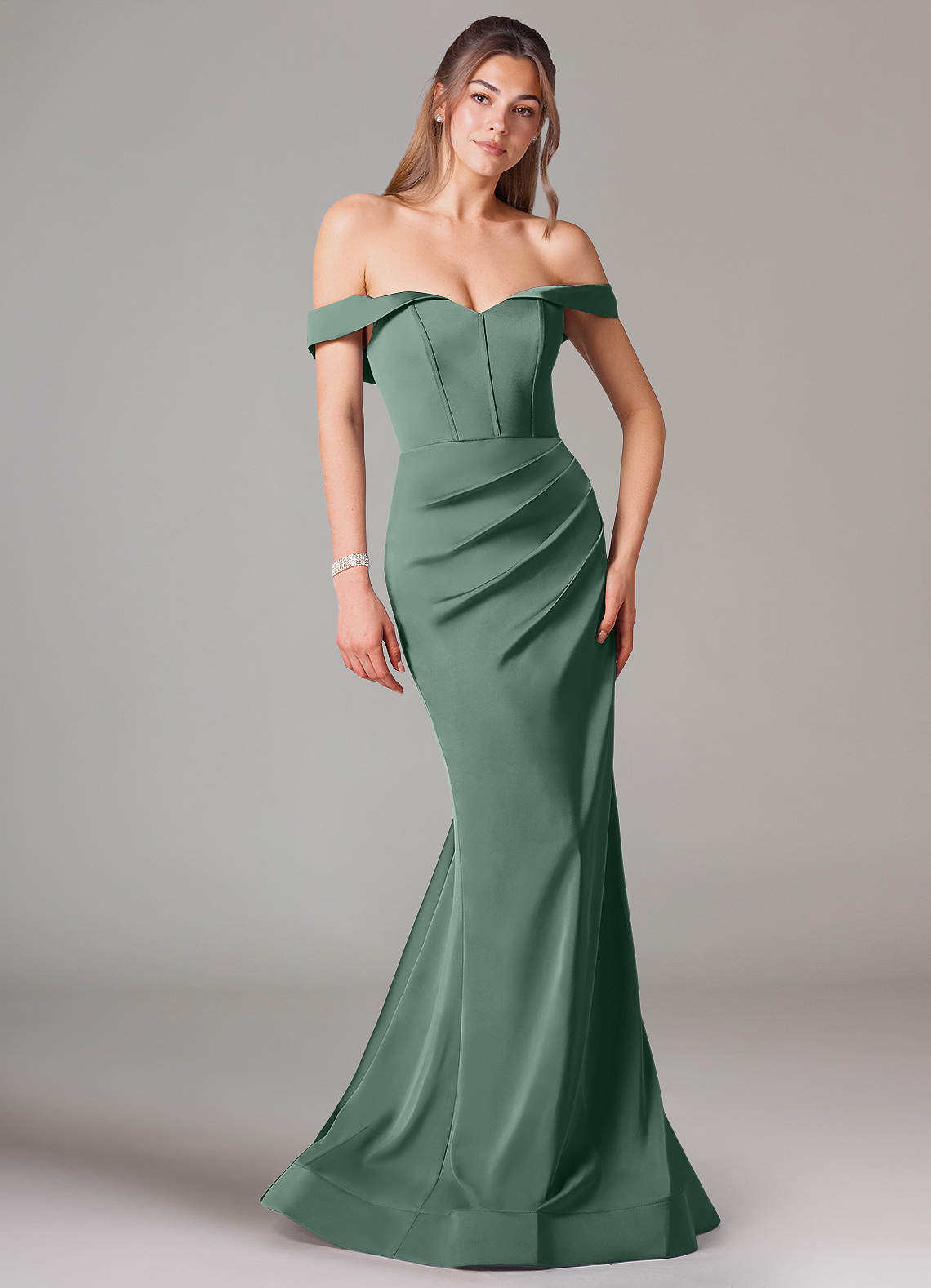 Azazie Everly Bridesmaid Dresses Eucalyptus Mermaid Off the Shoulder Stretch Satin Convertible Dress image1