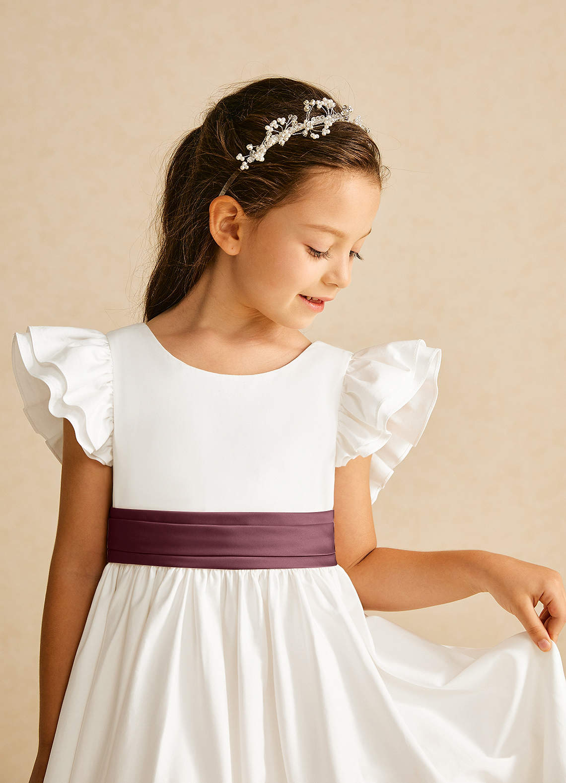 Azazie Aero Flower Girl Dresses Ivory Sangria A-Line Pleated Cotton Dress image2
