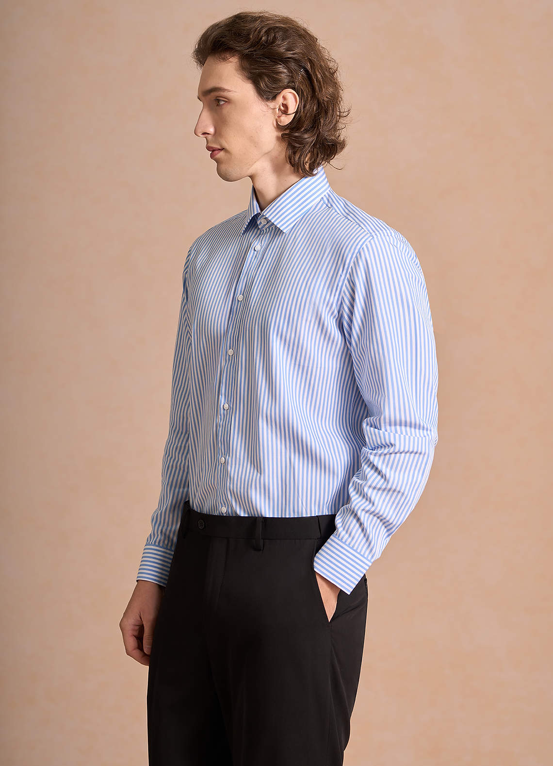 front Aiden White Pale Blue 100% Cotton Non-Iron Striped Dress Shirt