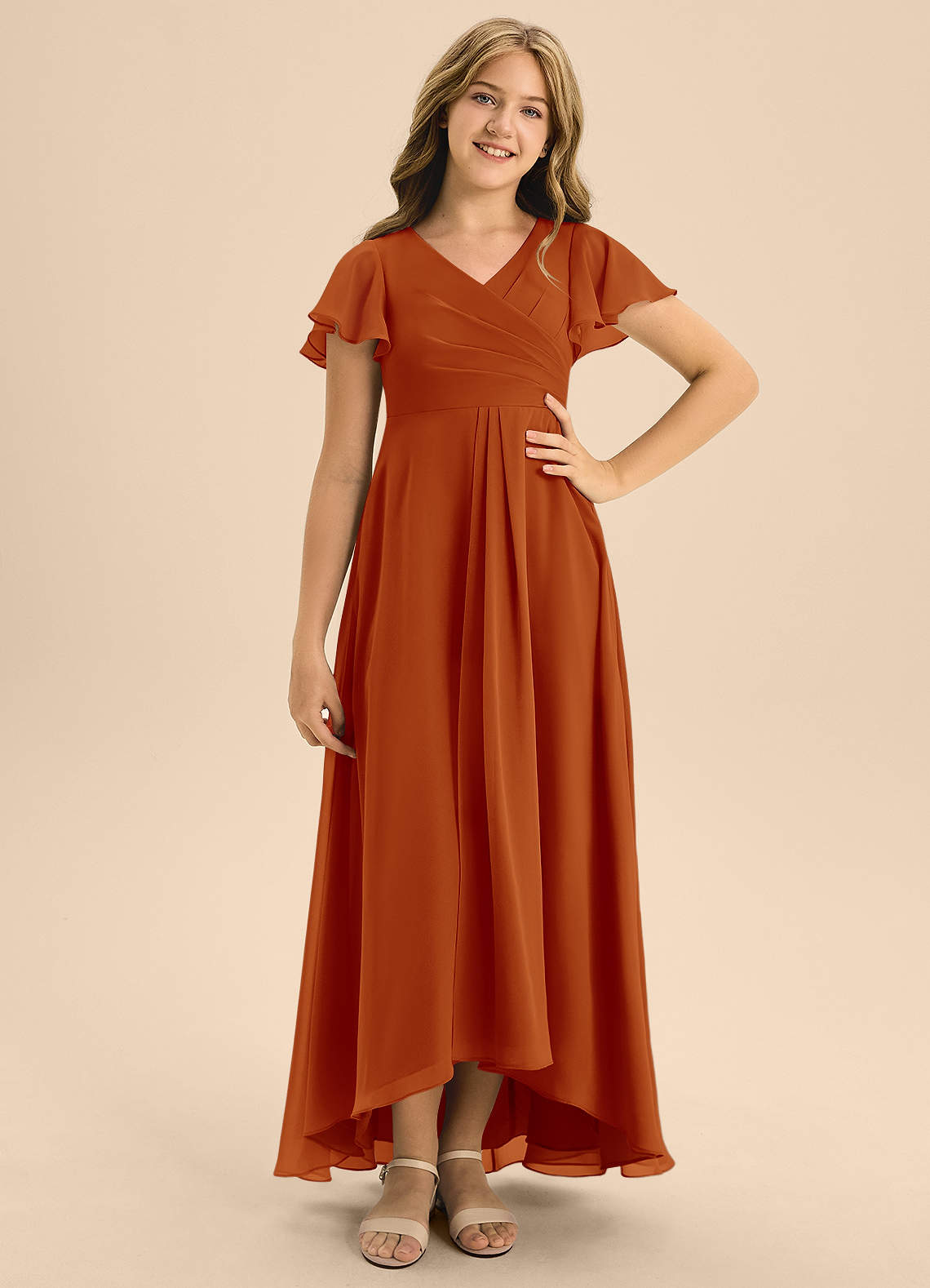 Azazie Induh Junior Paprika A-Line Pleated Chiffon Dress image1