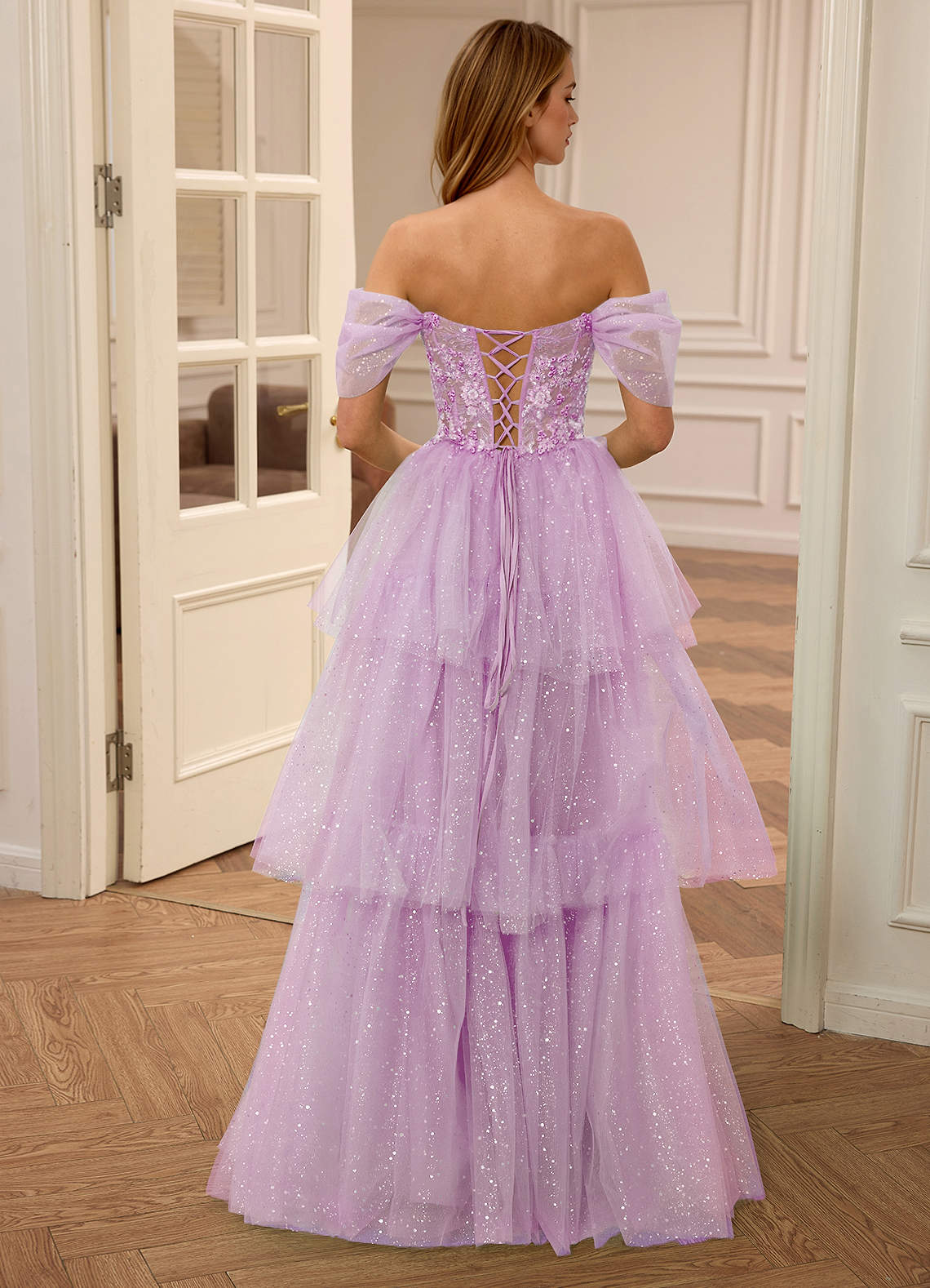 fitted lace wedding dress Purple Lace Long A-Line Prom Dress, Off the Shoulder Floor Length Form