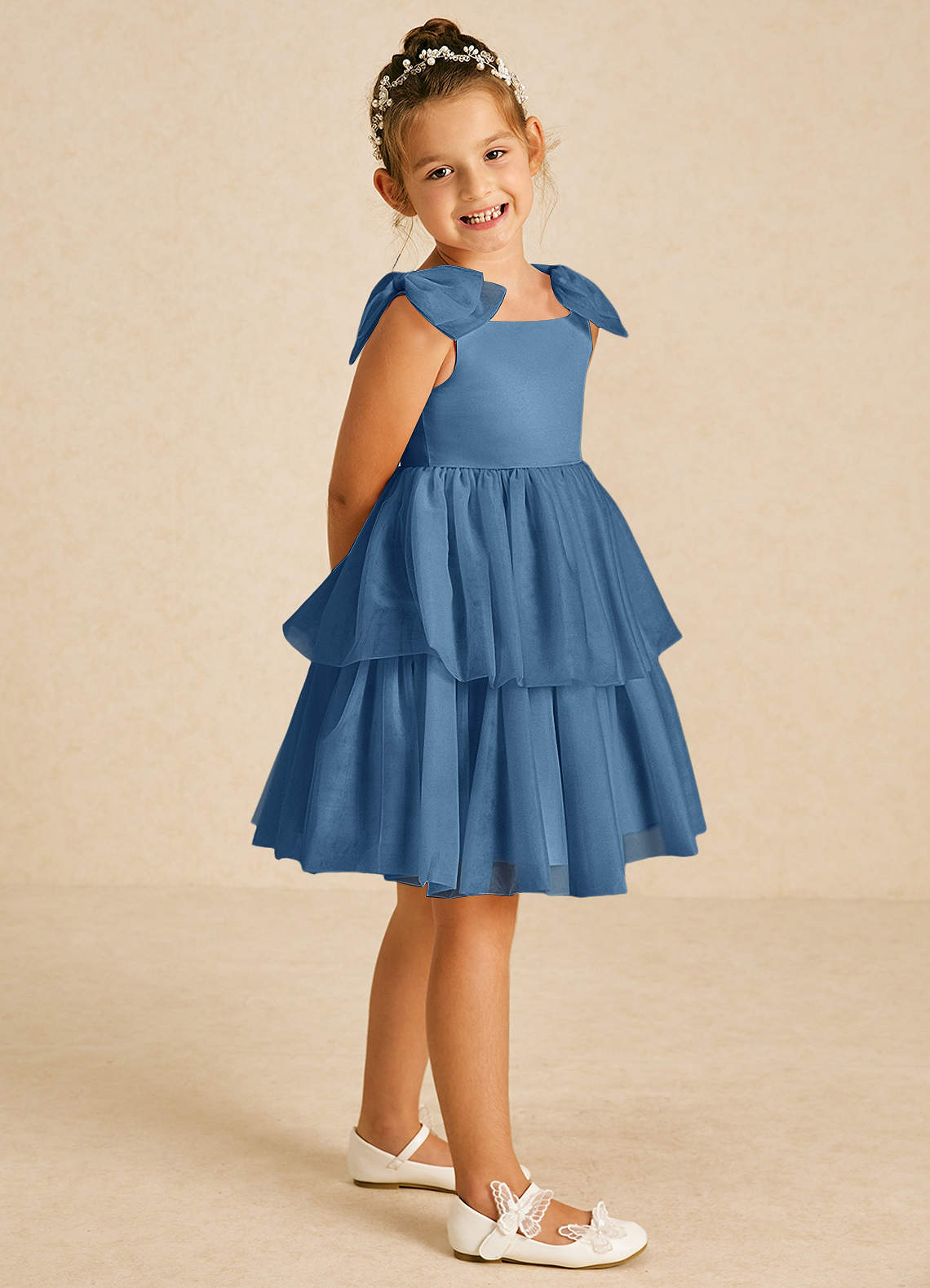 Azazie Vanellope Robe Demoiselle D'honneur Fillette Robe Trapèze en Tulle Arc Violet Crépusculaire image1