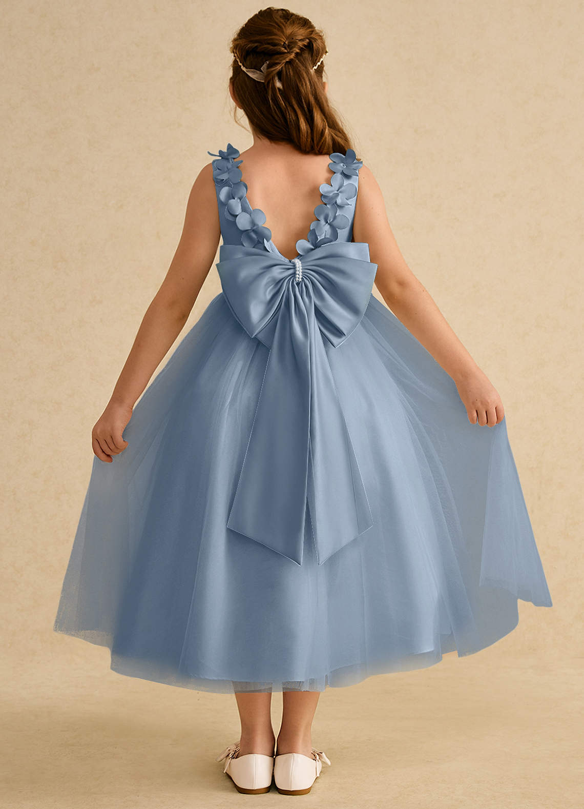 Azazie Lilli Robe Demoiselle D'honneur Fillette Robe Trapèze en Tulle Arc Bleu Poussiéreux Bleu Poussiéreux image1