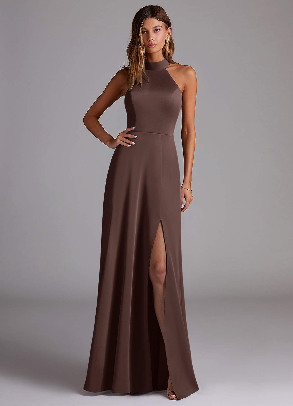 Azazie Myra Bridesmaid Dresses Ganache A-Line High Neck Stretch Satin Dress image1