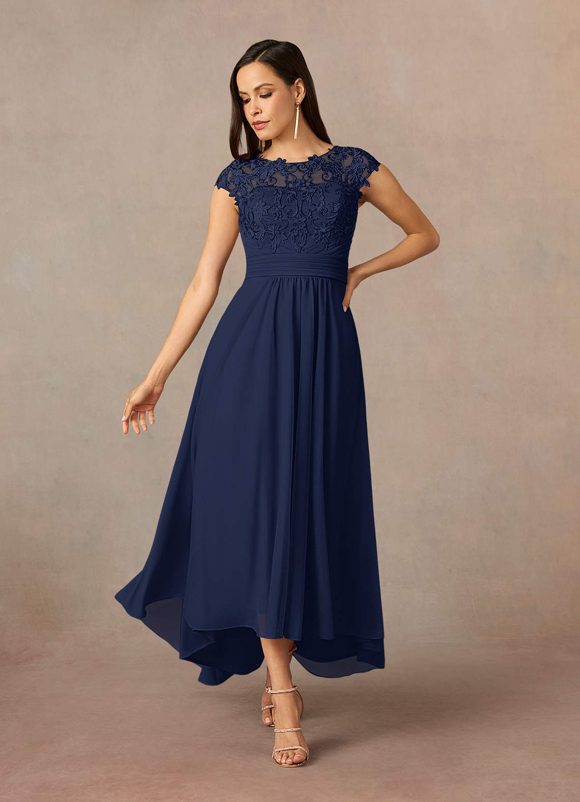 Azazie Amara Dark Navy A-Line Lace Dress Sample Dress | Azazie