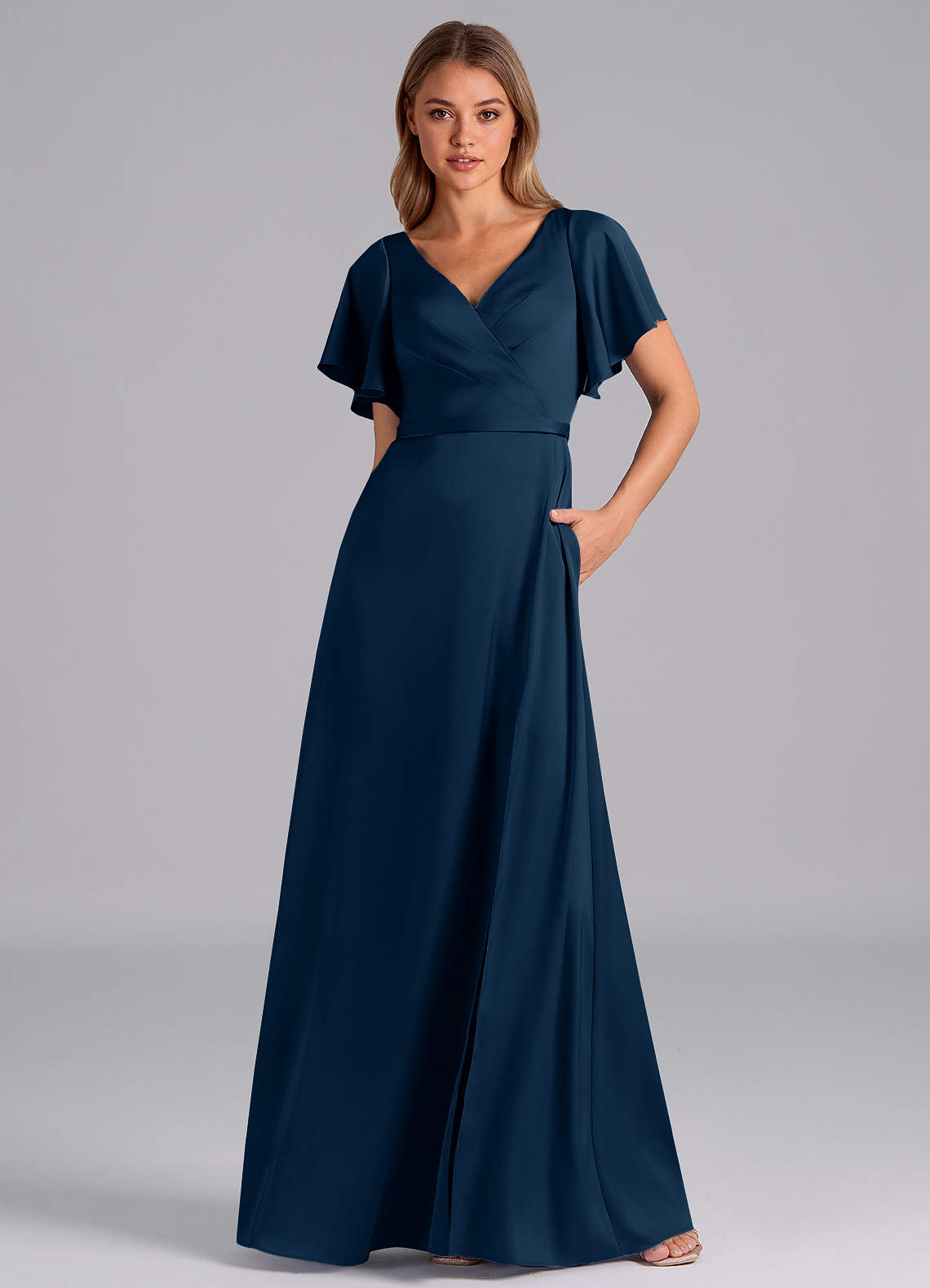 navy pleated bridesmaid dress Strapless Pleated Surplice Chiffon Maxi Dress with A-Line Skirt