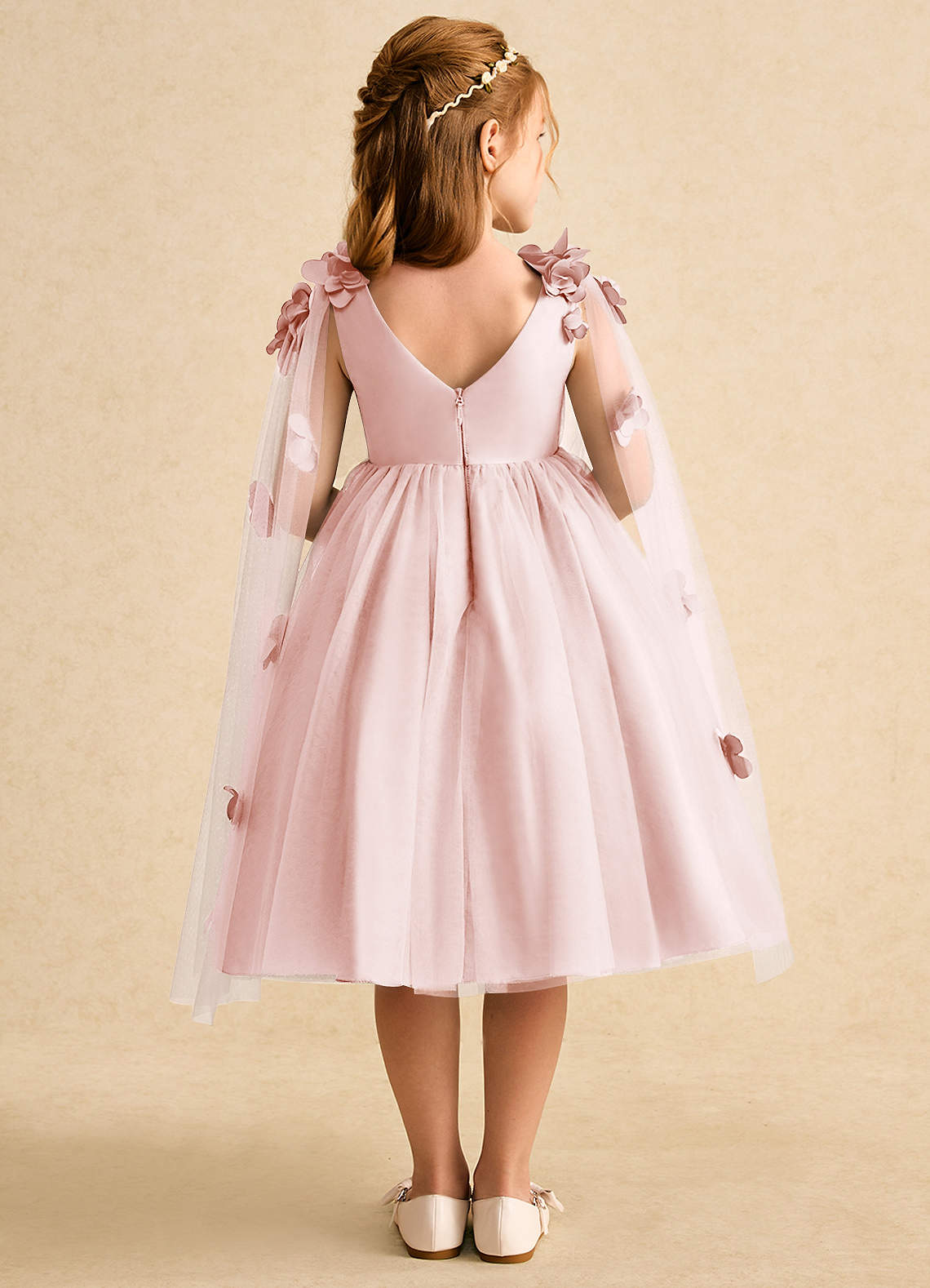 Azazie Staria Flower Girl Dresses Blushing Pink Ball-Gown Ruched Tulle Dress image1