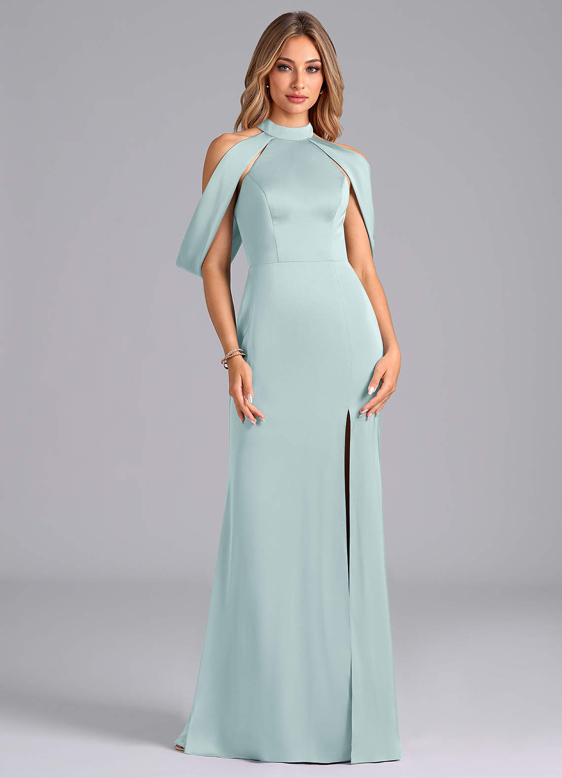 Azazie Bonny Bridesmaid Dresses Mist Mermaid Off the Shoulder Stretch Satin Dress image1