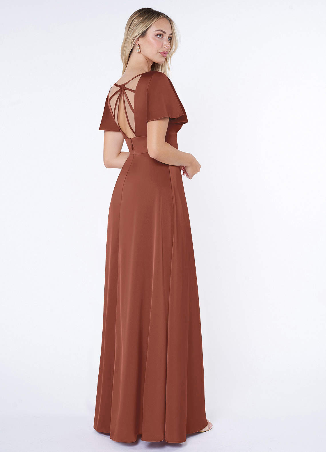 Azazie Plus Size A-Line V-Neck Floor-Length Stretch Satin Bridesmaid Dresses - Auburn