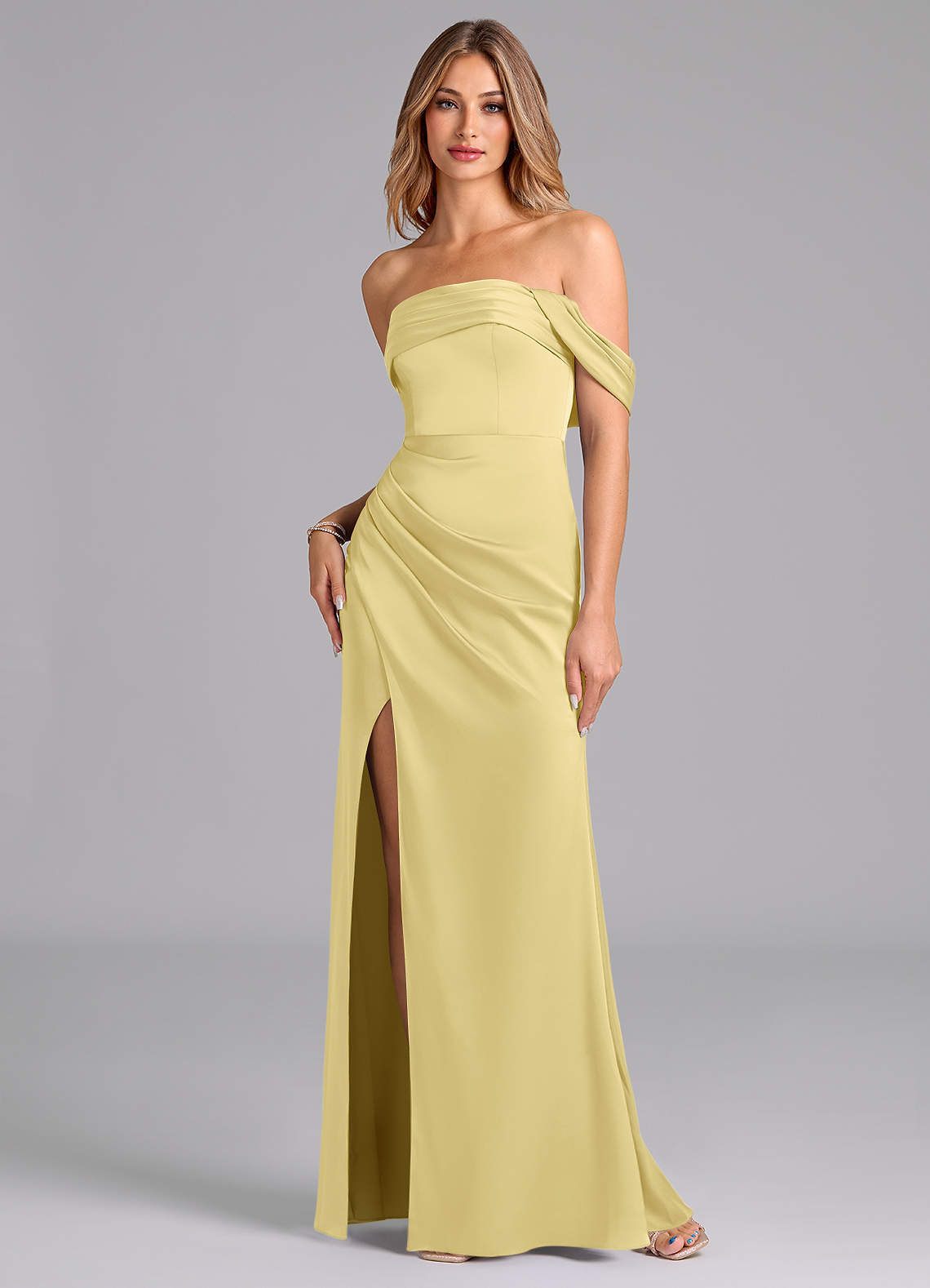 Azazie Lisbeth Bridesmaid Dresses Lemon Sorbet Mermaid Off the Shoulder Stretch Satin Convertible Dress image1