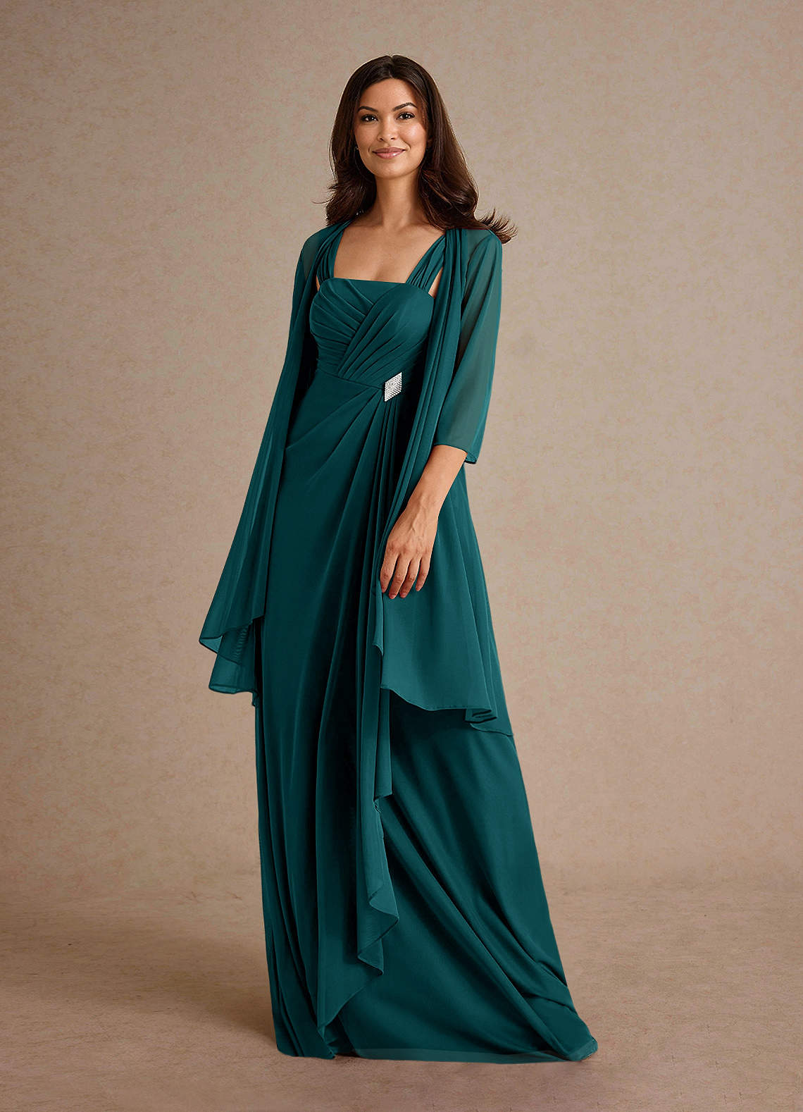 Azazie Clinton Mother of the Bride Dresses Peacock A-Line Pleated Mesh Dress image1