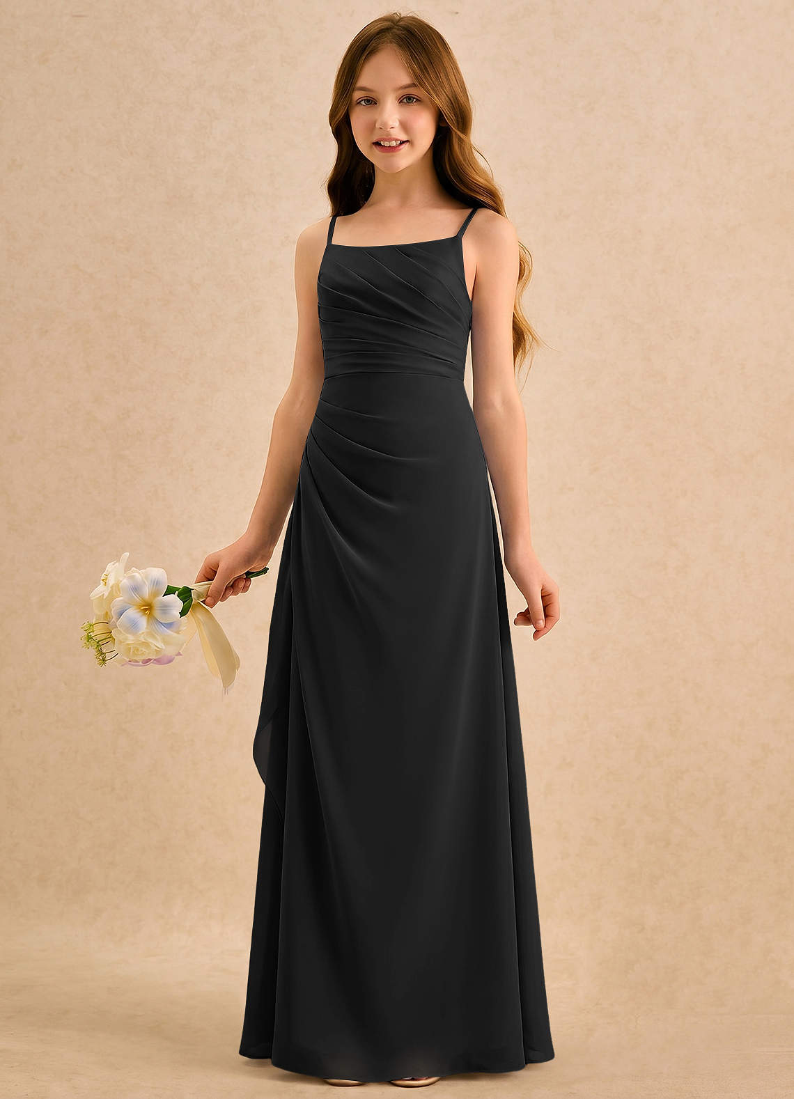 Azazie Cannoli Girls Formal Flower Girl Dresses Black A-Line Pleated Chiffon Dress image2