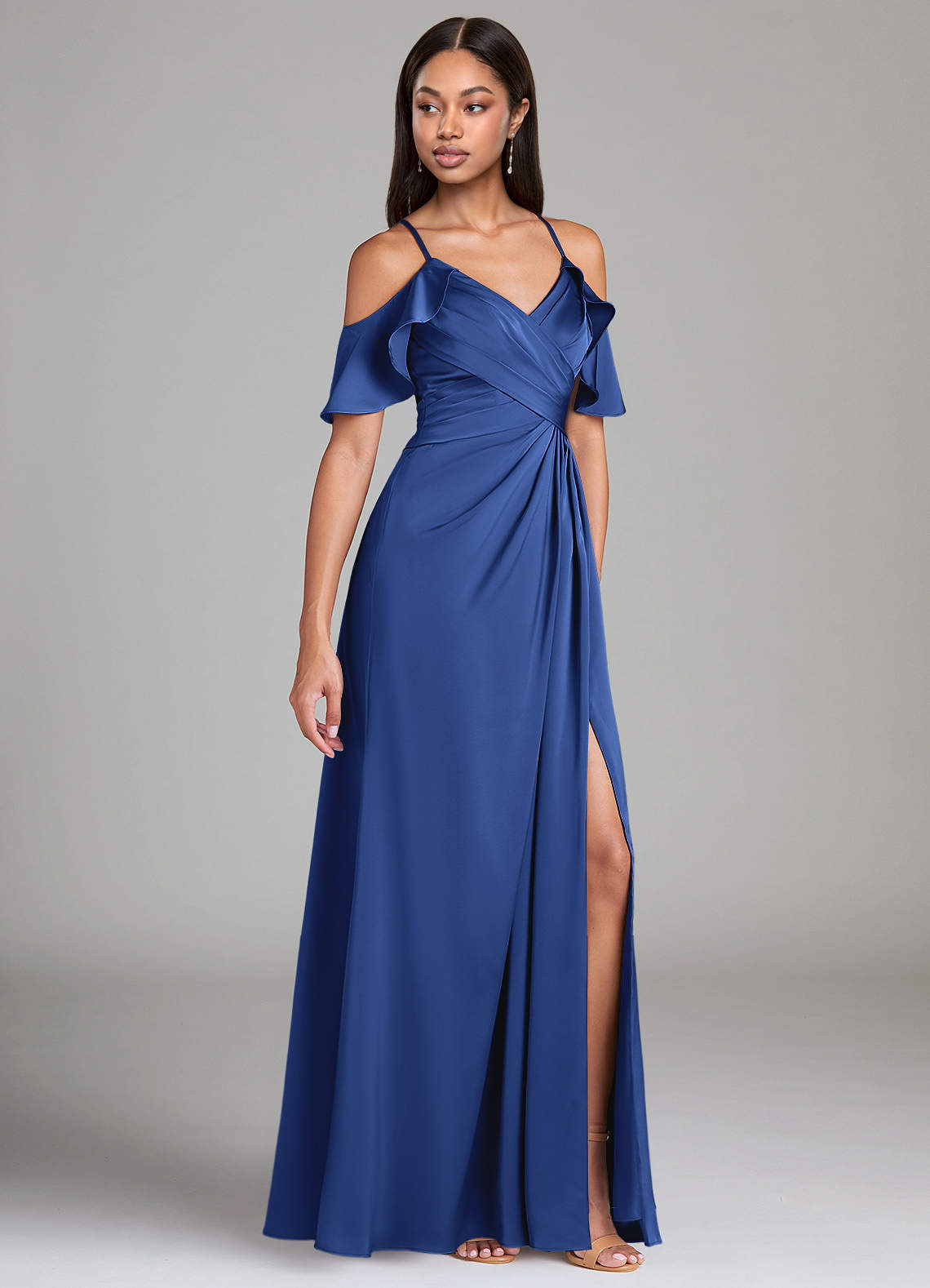 Azazie Dakota Bridesmaid Dresses Royal Blue A-Line Off the Shoulder Stretch Satin Dress image1