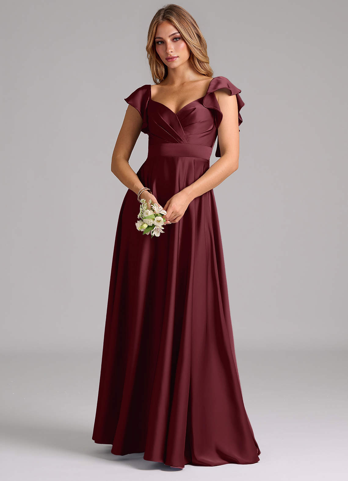 Azazie Leilani Vestidos de madrinha de casamento Vestido Cabernet de Cetim elástico de Linha A com Ruched image6