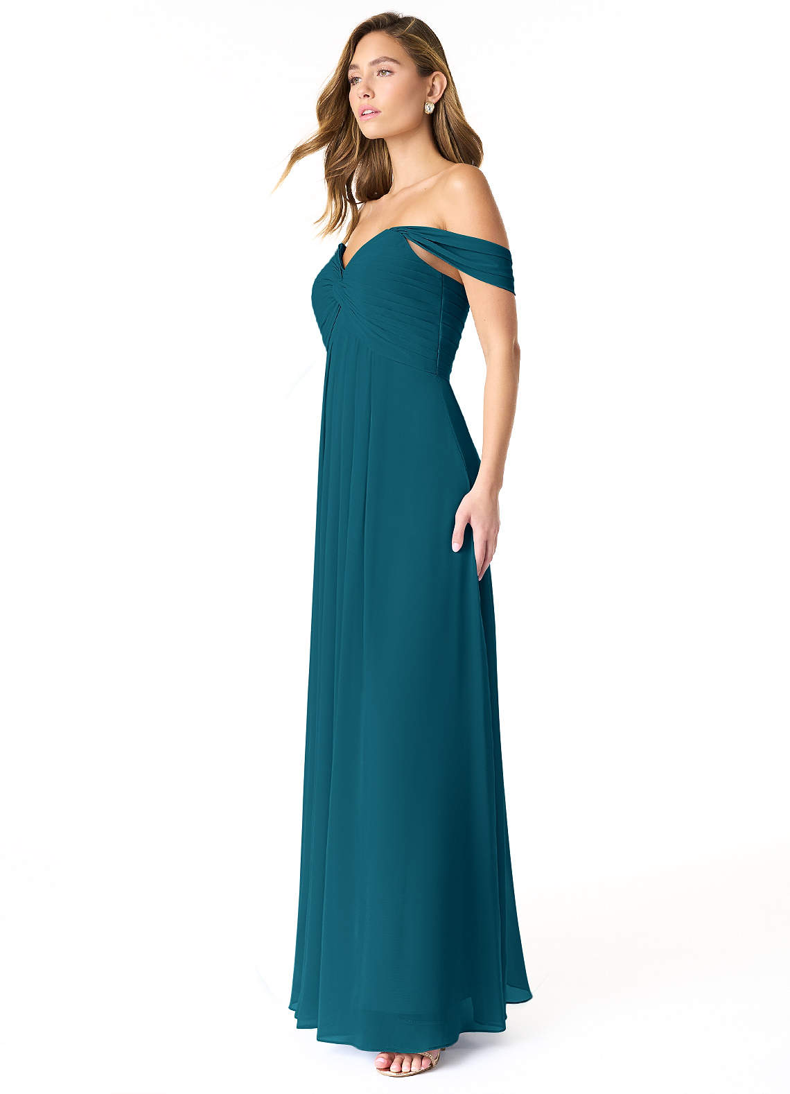 Azazie Empire Off-The-Shoulder Floor-Length Chiffon Bridesmaid Dresses - Ink Blue