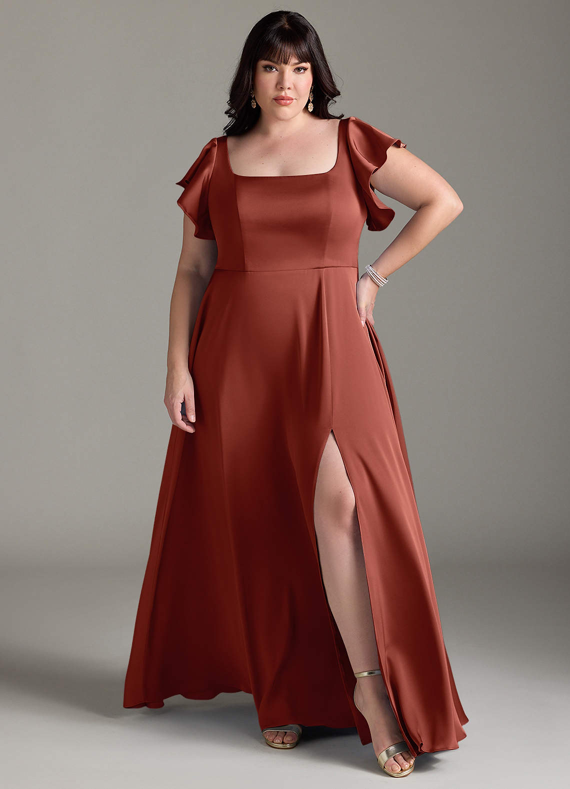Azazie Bondi Robes de demoiselle d'honneur Robe Trapèze en Satin extensible Arc Terracotta image1