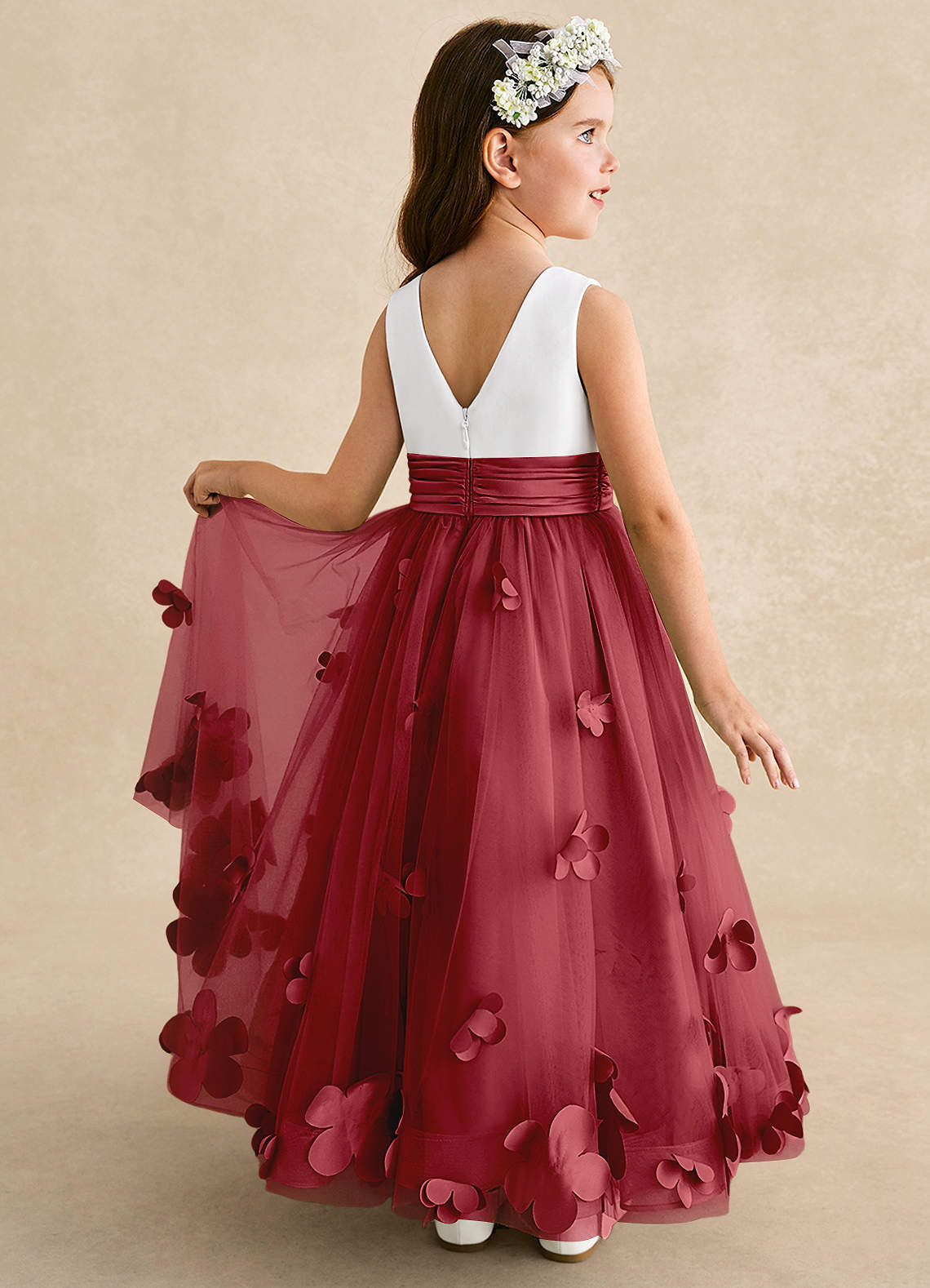 Azazie Vi Flower Girl Dresses Pomegranate A-Line Sleeveless Tulle Dress image1