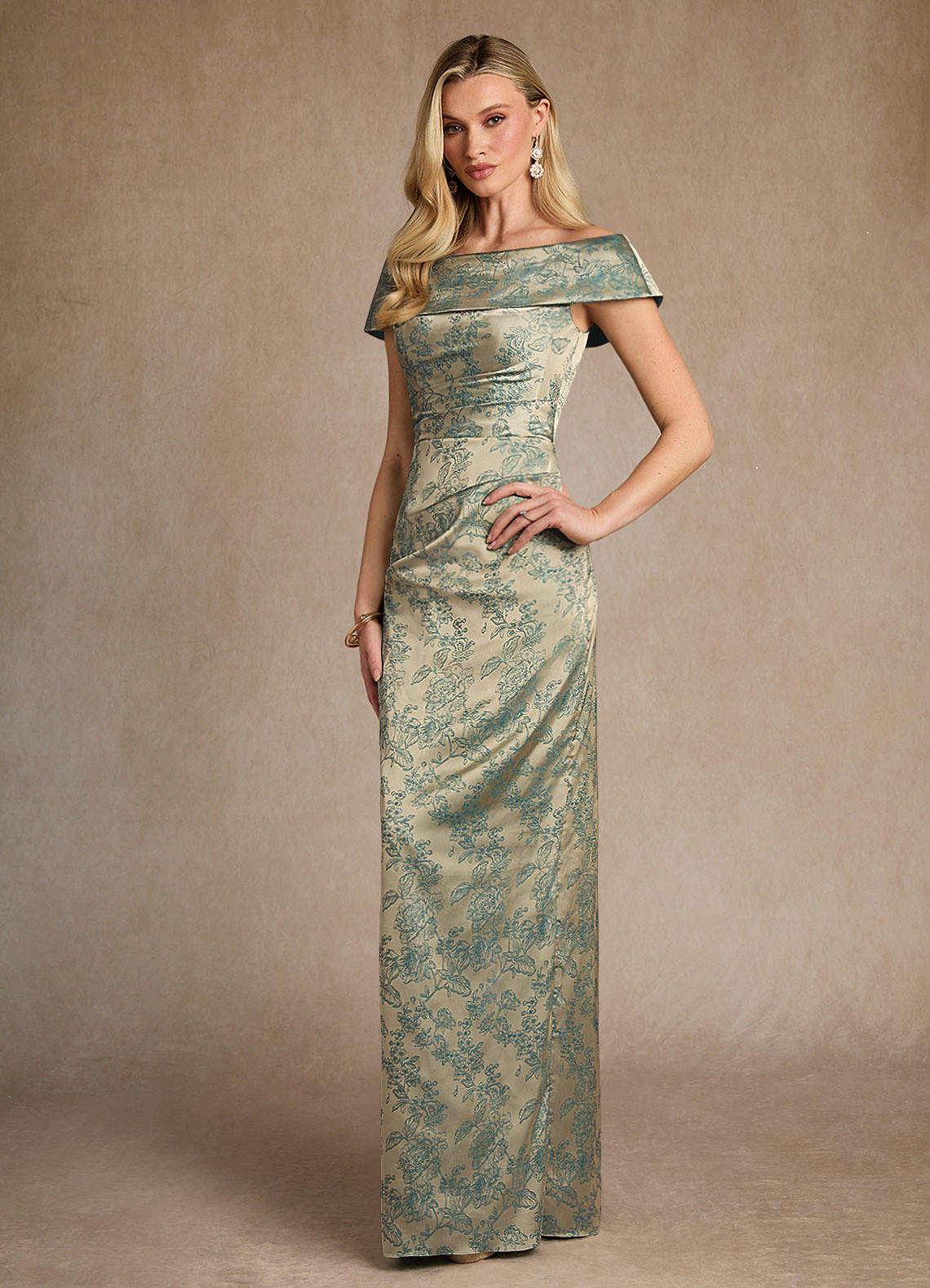 Azazie Kenosha Platinum Teal Sheath Off the Shoulder Floral