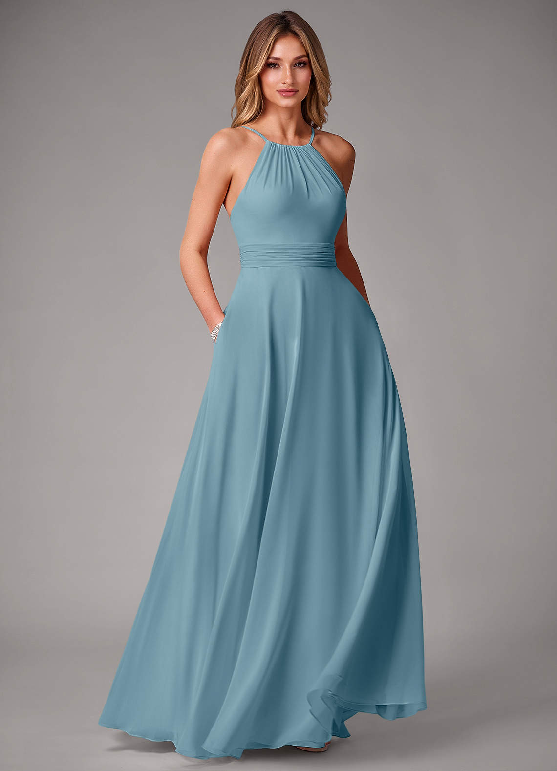 Azazie Amalia Bridesmaid Dresses Moody Blue A-Line Pleated Chiffon Dress image1