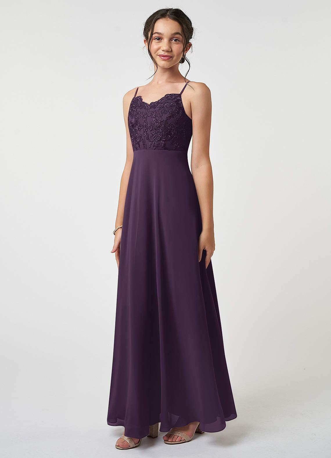 Azazie Sonya Junior Plum A-Line Lace Chiffon Dress image1
