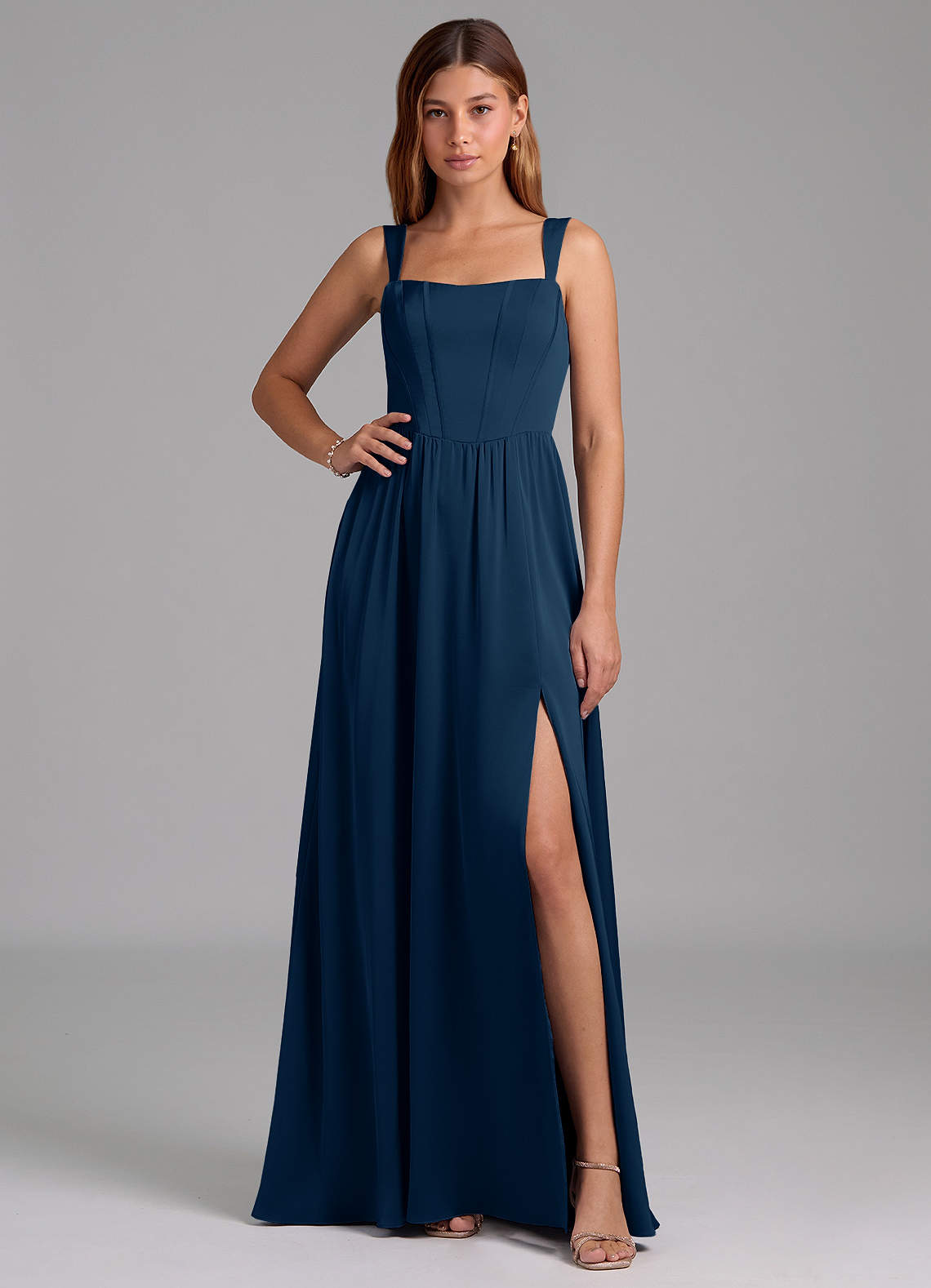 Azazie Rosaline At-home Try On Dresses Dark Navy A-Line Side Slit Stretch Satin Dress image1