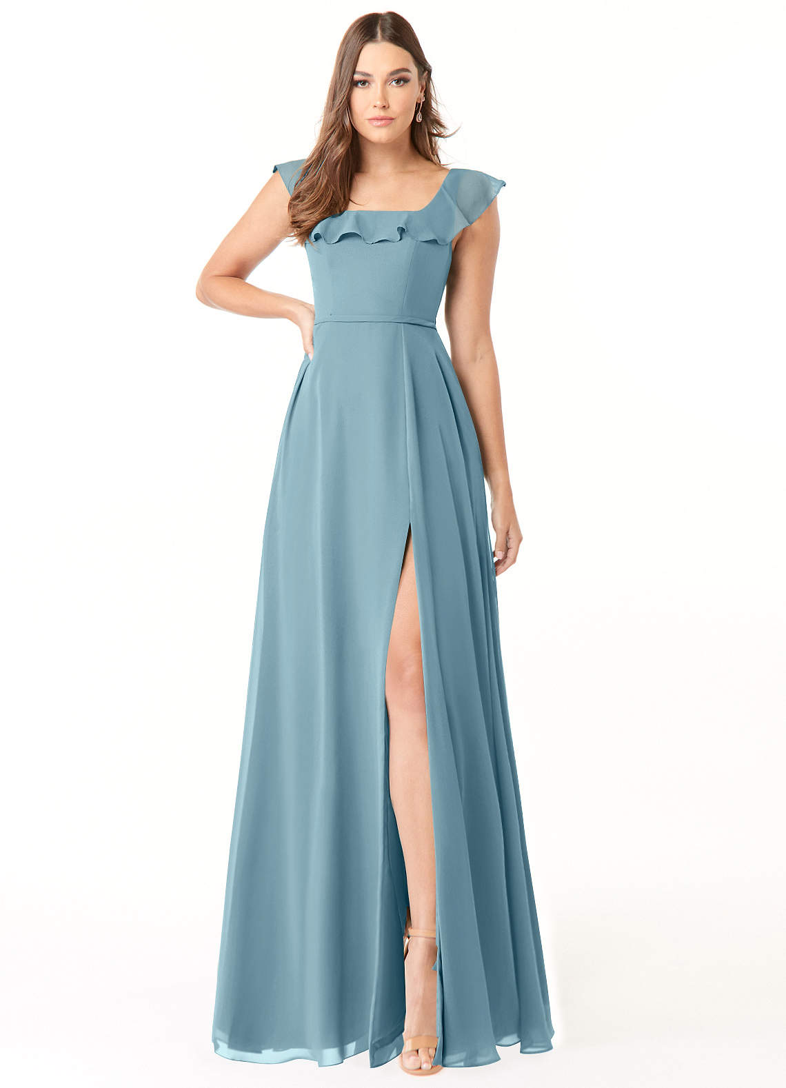 Azazie Jinny Bridesmaid Dresses Moody Blue A-Line Square Neckline Ruched Chiffon Dress image1