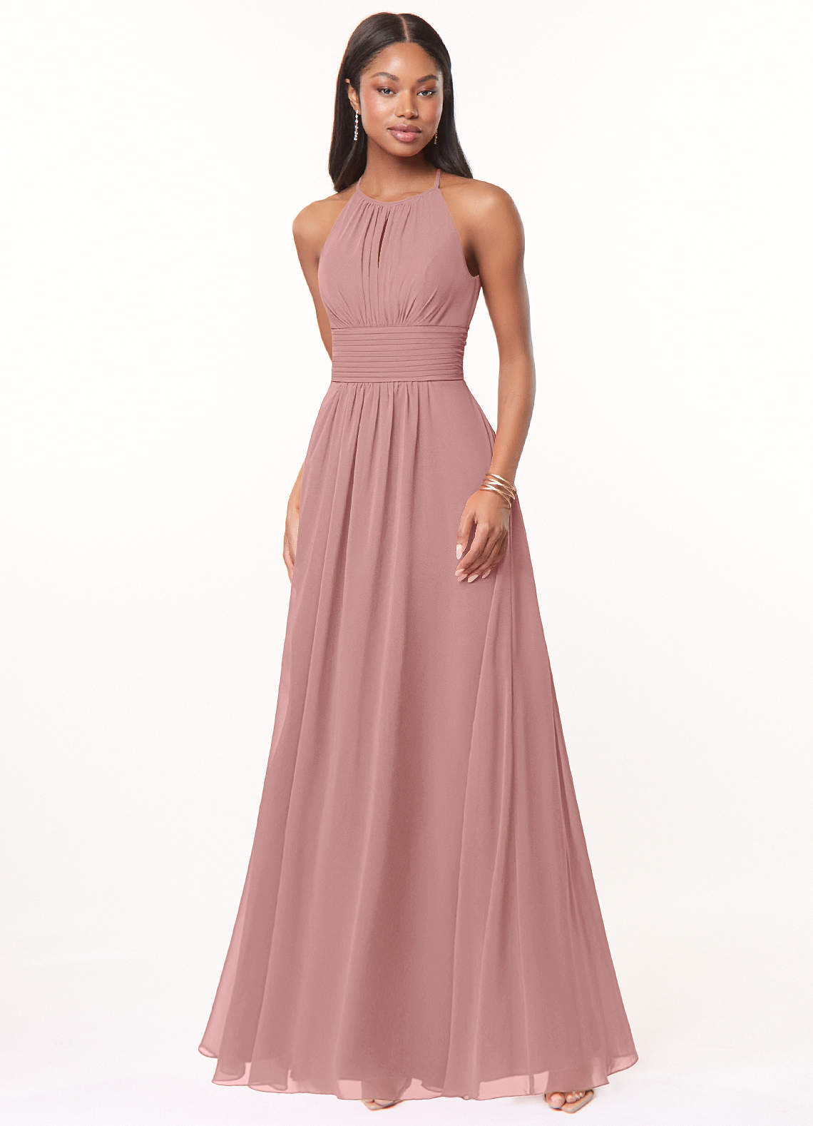 Azazie Bonnie Robes de demoiselle d'honneur Robe Trapèze en Mousseline de soie Trou de serrure froncé Rose Poussiéreuse image1