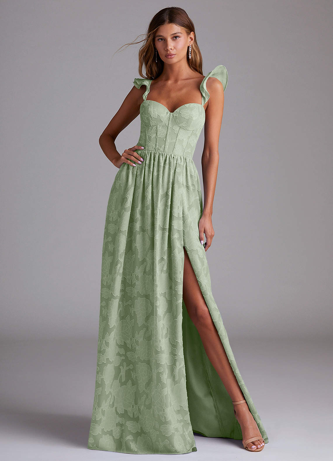 Azazie Denisse Bridesmaid Dresses Dusty Sage A-Line Ruched Floral Burnout Dress image1
