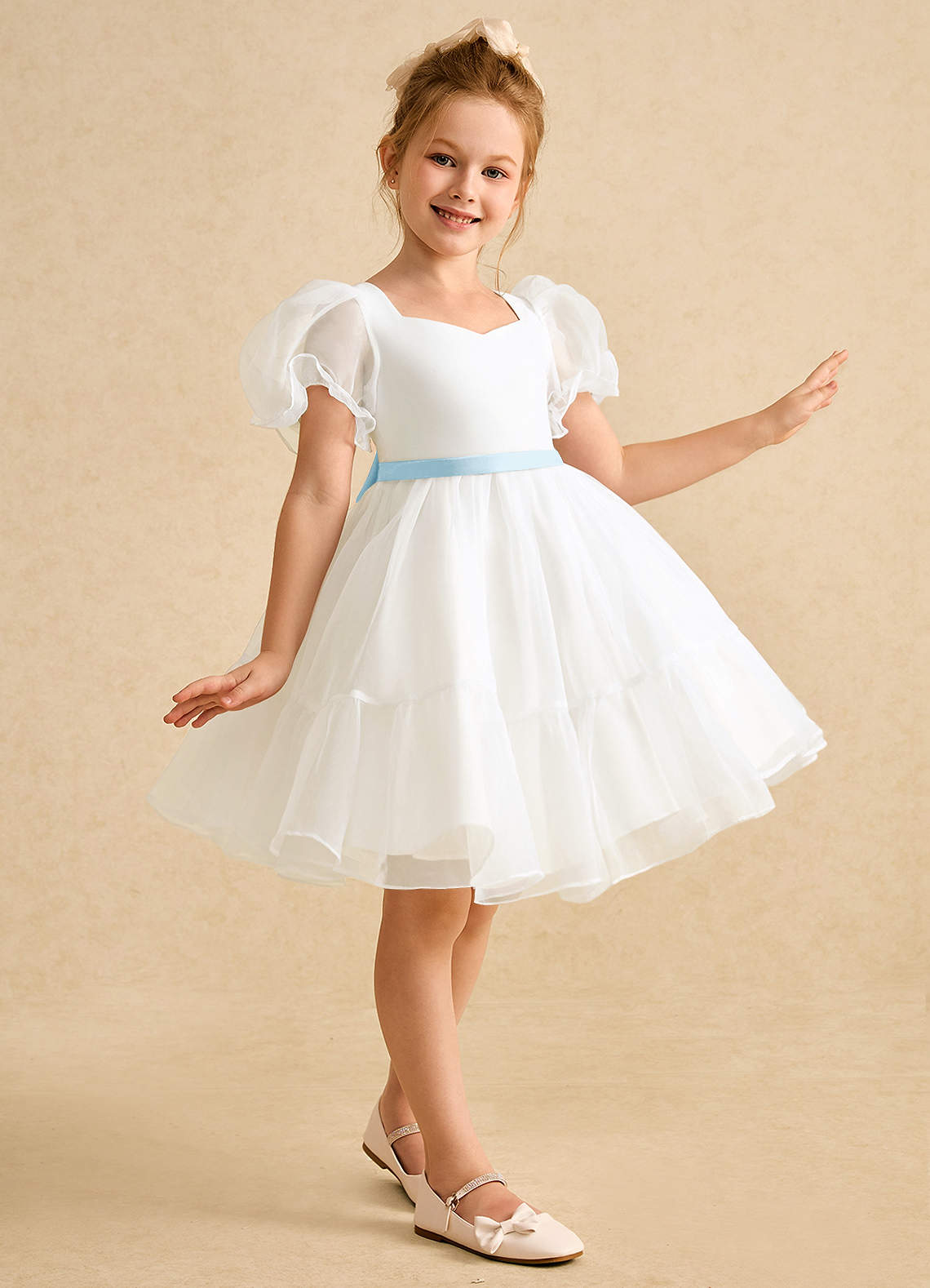 Azazie Debbie vestidos de niña de las flores Vestido de Marfil Azul Cielo de Organza de Princesa con Escote de Corazón image3