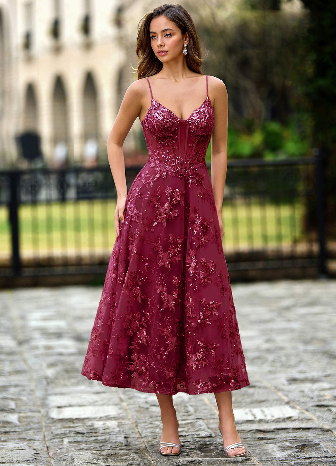 Lavinienna Burgundy Lace Sequin Embroidery Corset Wedding Guest | Azazie