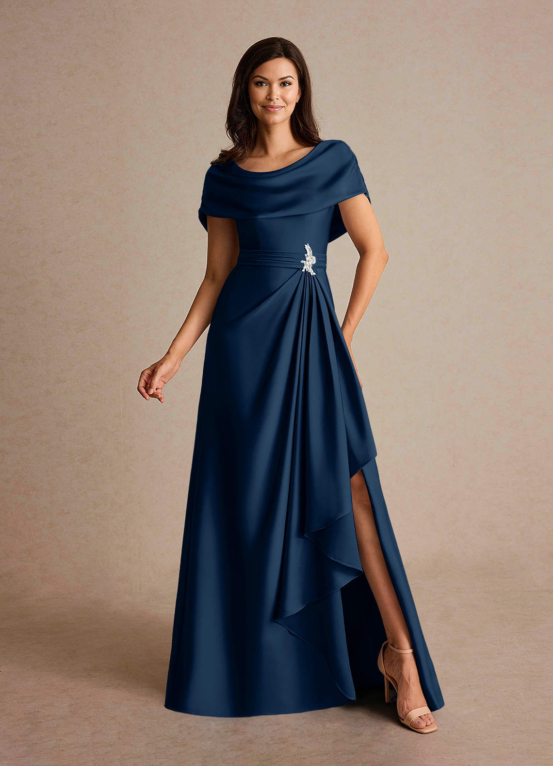 Azazie Branford Mother of the Bride Dresses Dark Navy A-Line Pleated Stretch Satin Dress image1