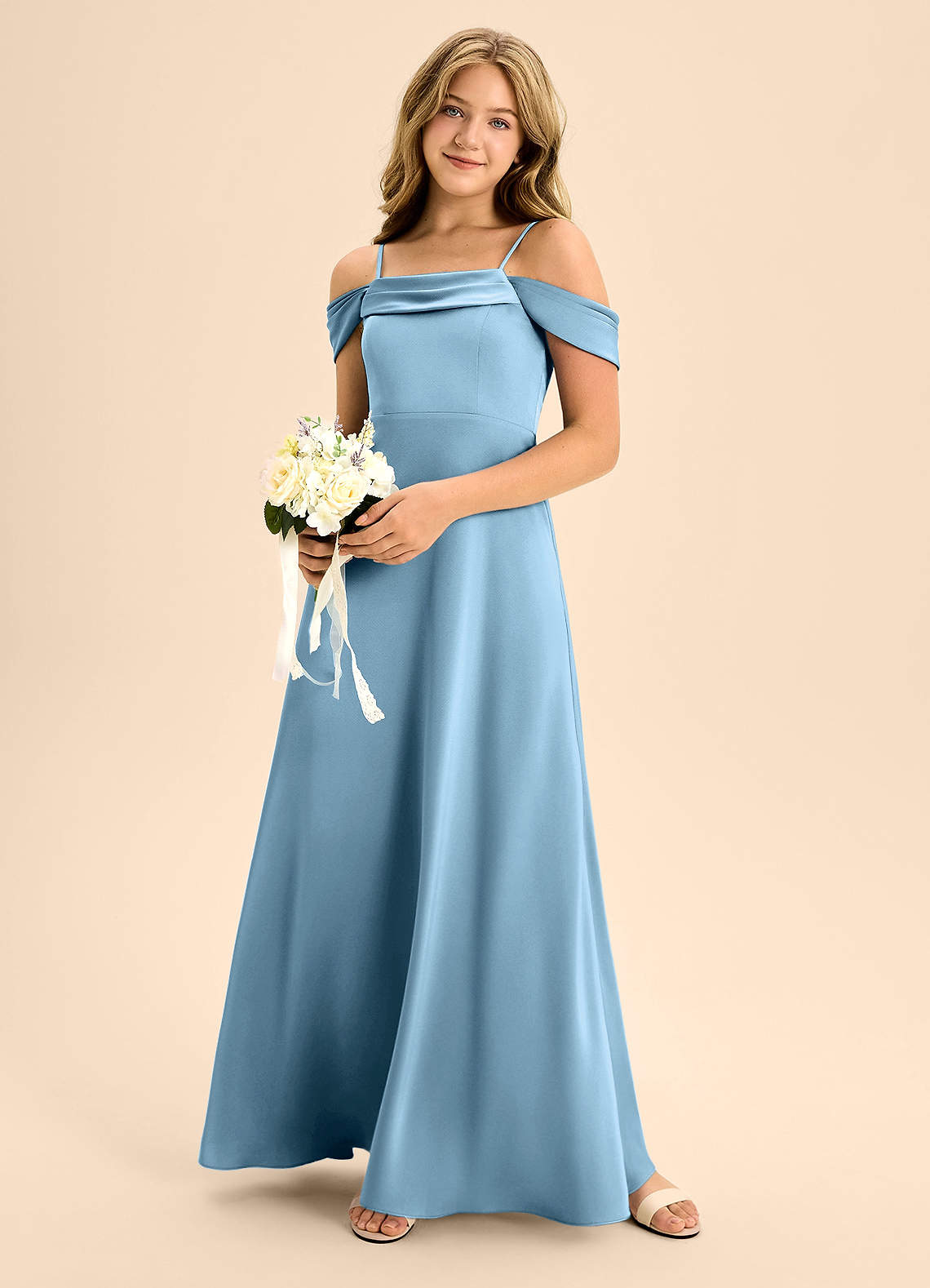 Azazie Anselie Junior Steel Blue A-Line Off the Shoulder Stretch Satin Dress image1
